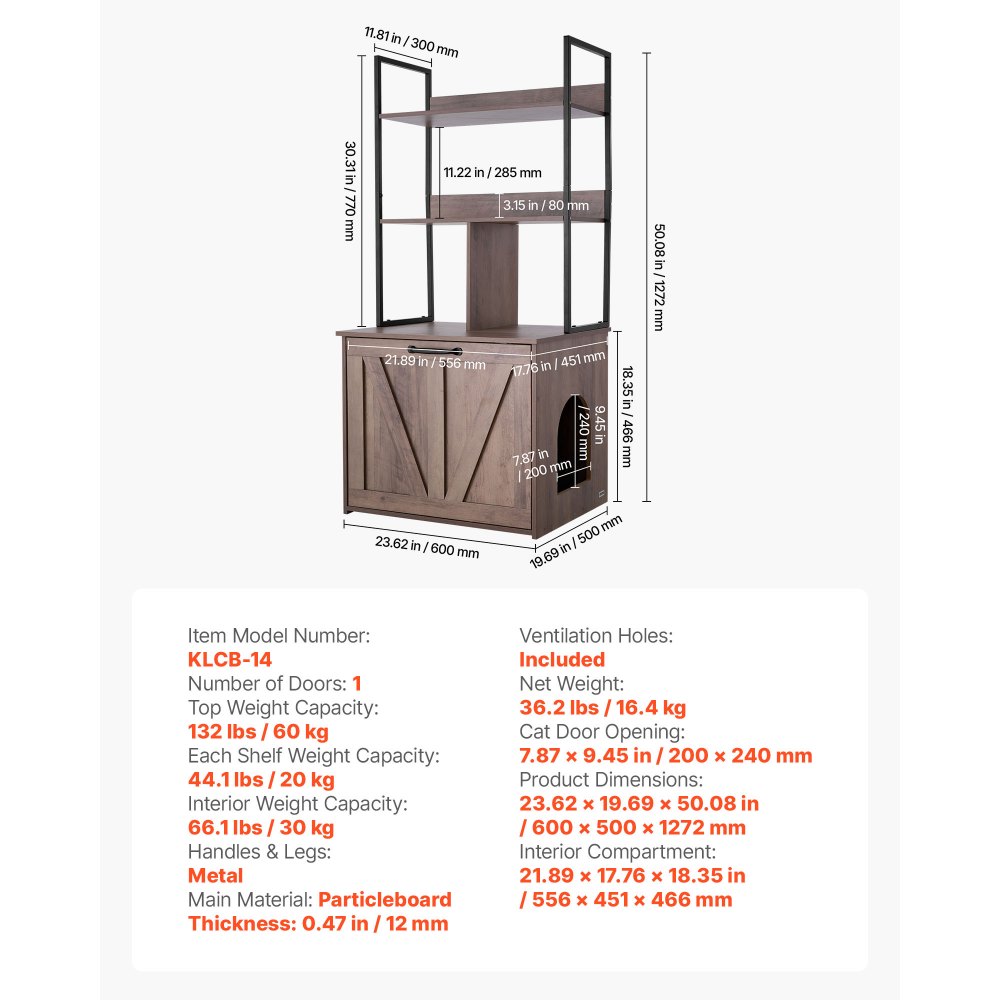 VEVOR Mueble para Caja de Arena para Gatos 60 x 50 x 127 cm, Armario para Arenero de Gatos, con Estantes de Almacenamiento Entrada Lateral Puerta, Estilo Moderno, Casa para Mascotas en Interior Hogar