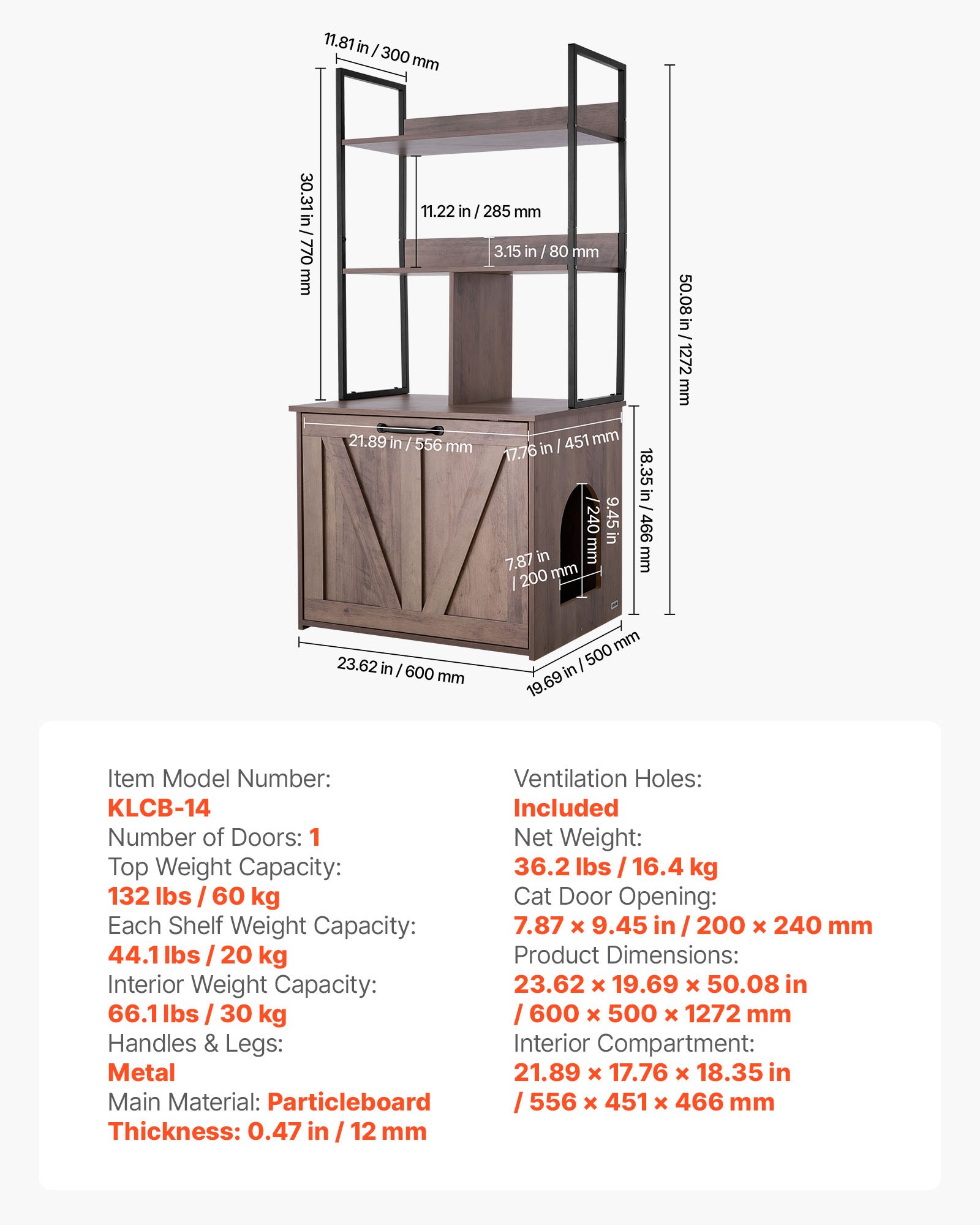 VEVOR Mueble para Caja de Arena para Gatos 60 x 50 x 127 cm, Armario para Arenero de Gatos, con Estantes de Almacenamiento Entrada Lateral Puerta, Estilo Moderno, Casa para Mascotas en Interior Hogar