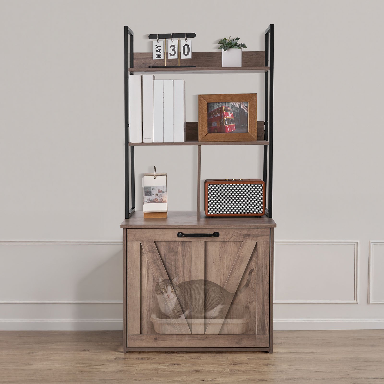 VEVOR Mueble para Caja de Arena para Gatos 60 x 50 x 127 cm, Armario para Arenero de Gatos, con Estantes de Almacenamiento Entrada Lateral Puerta, Estilo Moderno, Casa para Mascotas en Interior Hogar