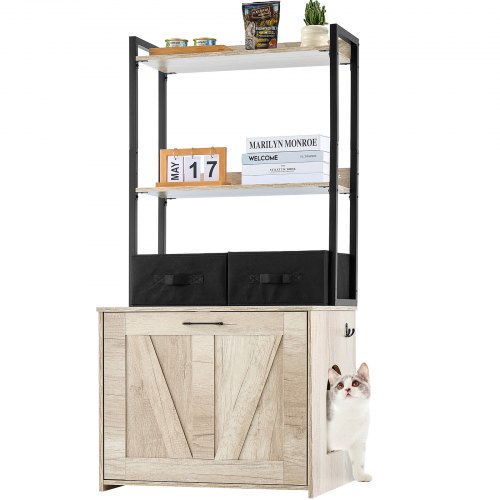 VEVOR Muebles de Baño Oculto para Gatos 60 x 50 x 127 cm Casa de Inodoro para Gatos con 2 Estantes de Almacenamiento Armario de Madera para Ocultar las Cajas de Arena para Gatos, Color Natural