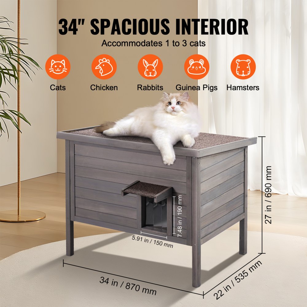 VEVOR Casa para gatos de exterior resistente a la intemperie, refugio para gatos salvajes para varios gatos, casa de madera para gatos y conejos con aislamiento de espuma en todos los lados, techo abierto, puertas con solapas de PVC, 34" de largo x 22" de ancho x 27" de alto