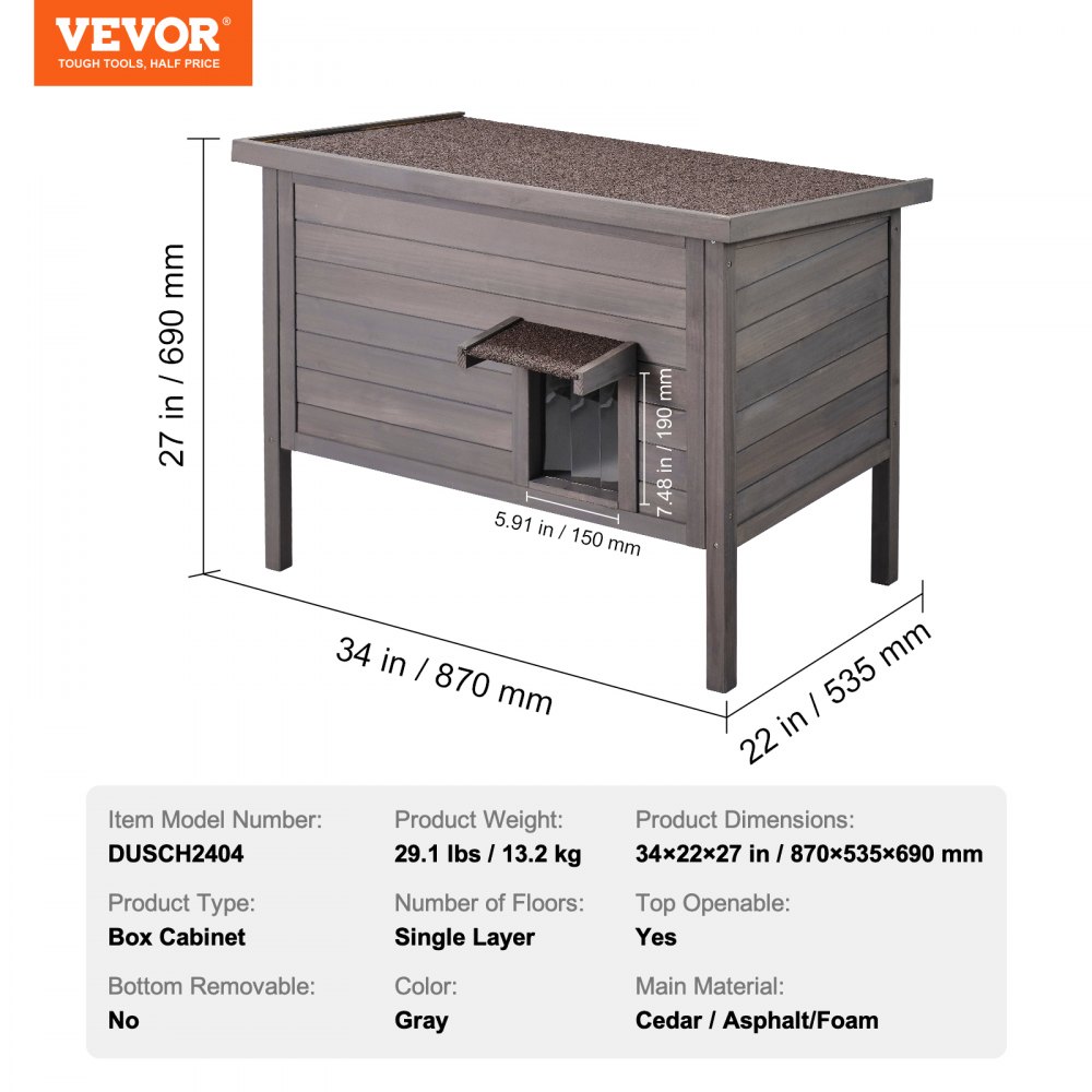 VEVOR Casa para gatos de exterior resistente a la intemperie, refugio para gatos salvajes para varios gatos, casa de madera para gatos y conejos con aislamiento de espuma en todos los lados, techo abierto, puertas con solapas de PVC, 34" de largo x 22" de ancho x 27" de alto