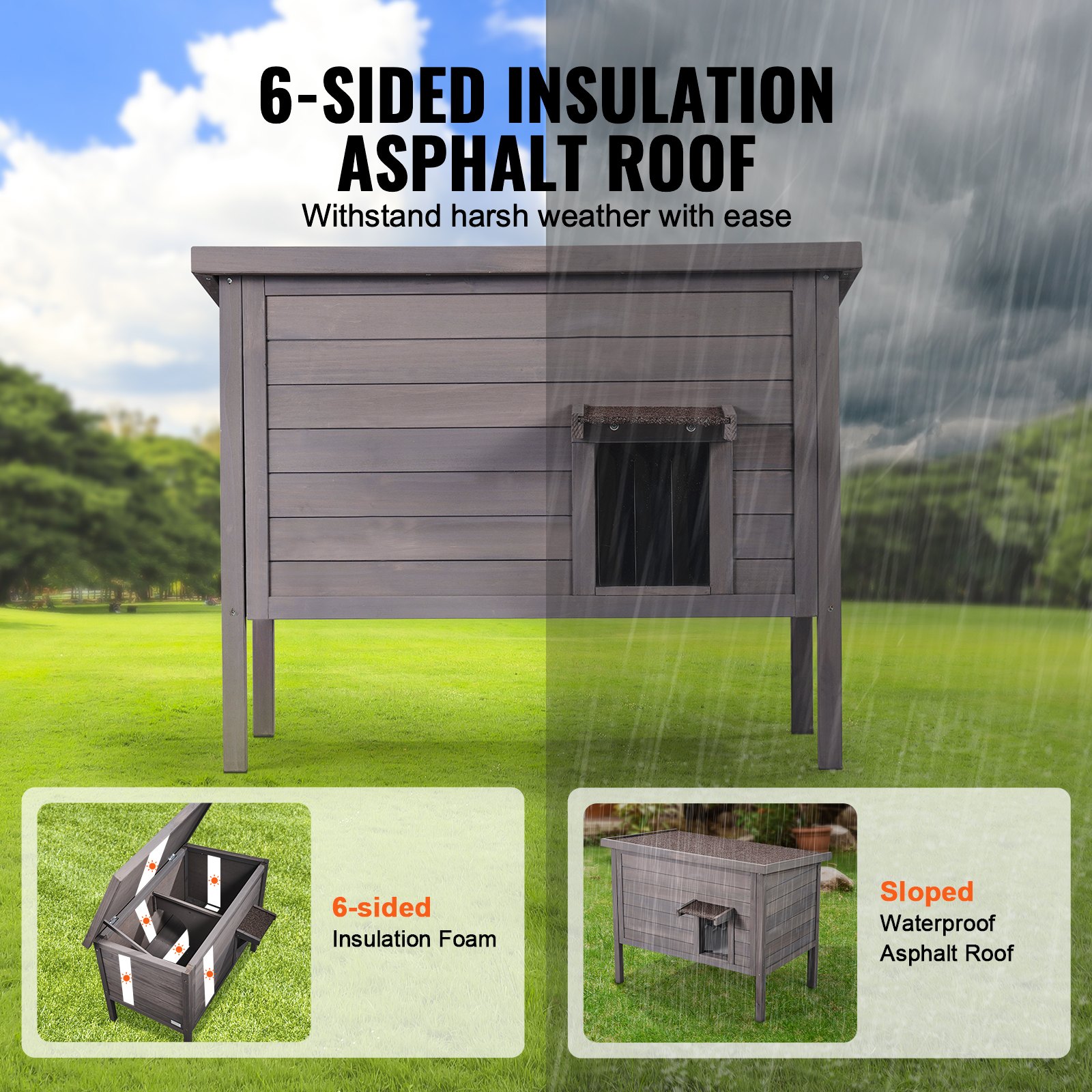 VEVOR Casa para gatos de exterior resistente a la intemperie, refugio para gatos salvajes para varios gatos, casa de madera para gatos y conejos con aislamiento de espuma en todos los lados, techo abierto, puertas con solapas de PVC, 34" de largo x 22" de ancho x 27" de alto