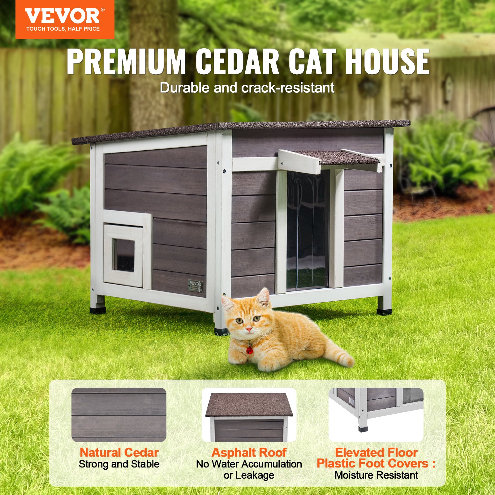VEVOR Outdoor Cat House, Weatherproof, Shelter for Wild Cats, Suitable for Multiple Cats, Wooden Cat/Rabbit House for Outdoor Use with Window, Open Roof and PVC Door Flaps, 61 x 53 x 46 cm (L x W x H)