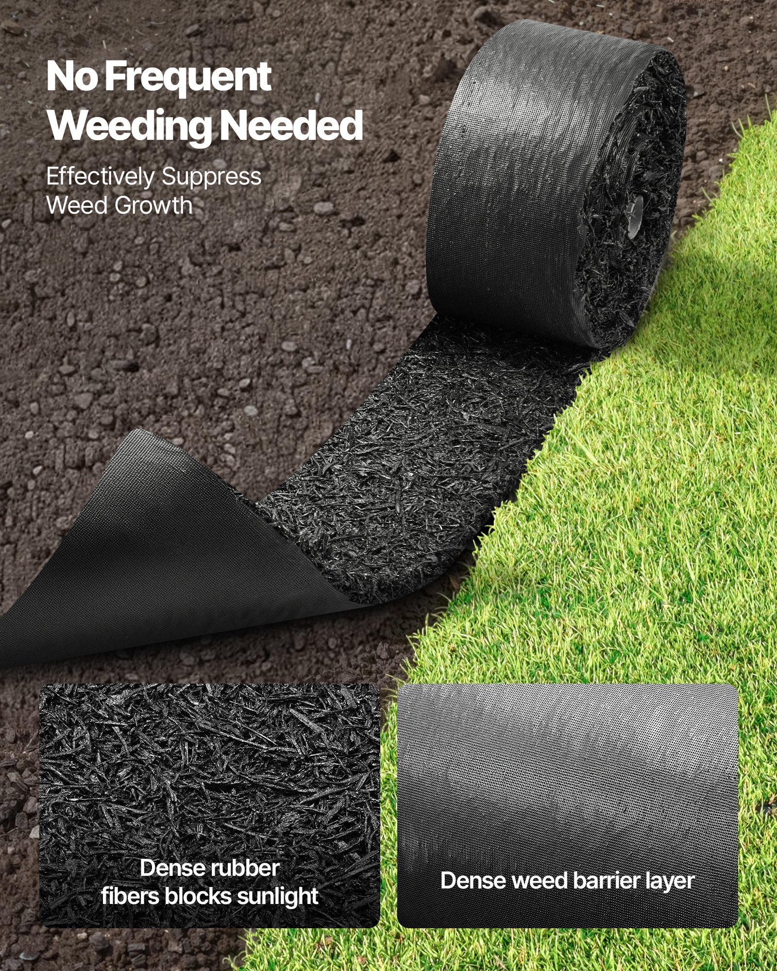 VEVOR Mantillo de Caucho para Paisajismo 305 x 11,5 cm Grosor de 1,3 cm, 4 Rollos de Mantillo de Caucho, Barrera Floral con Estacas, Bordes de Jardín Recortables, para Patios, Huertos, Frutales