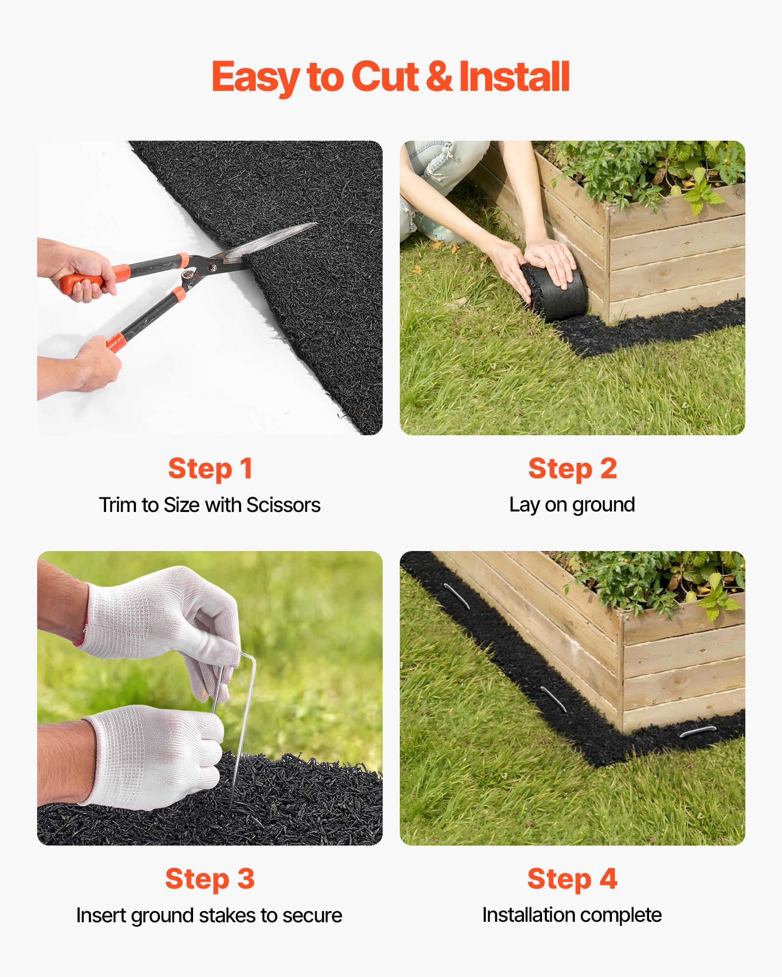 VEVOR Mantillo de Caucho para Paisajismo 305 x 11,5 cm Grosor de 1,3 cm, 4 Rollos de Mantillo de Caucho, Barrera Floral con Estacas, Bordes de Jardín Recortables, para Patios, Huertos, Frutales
