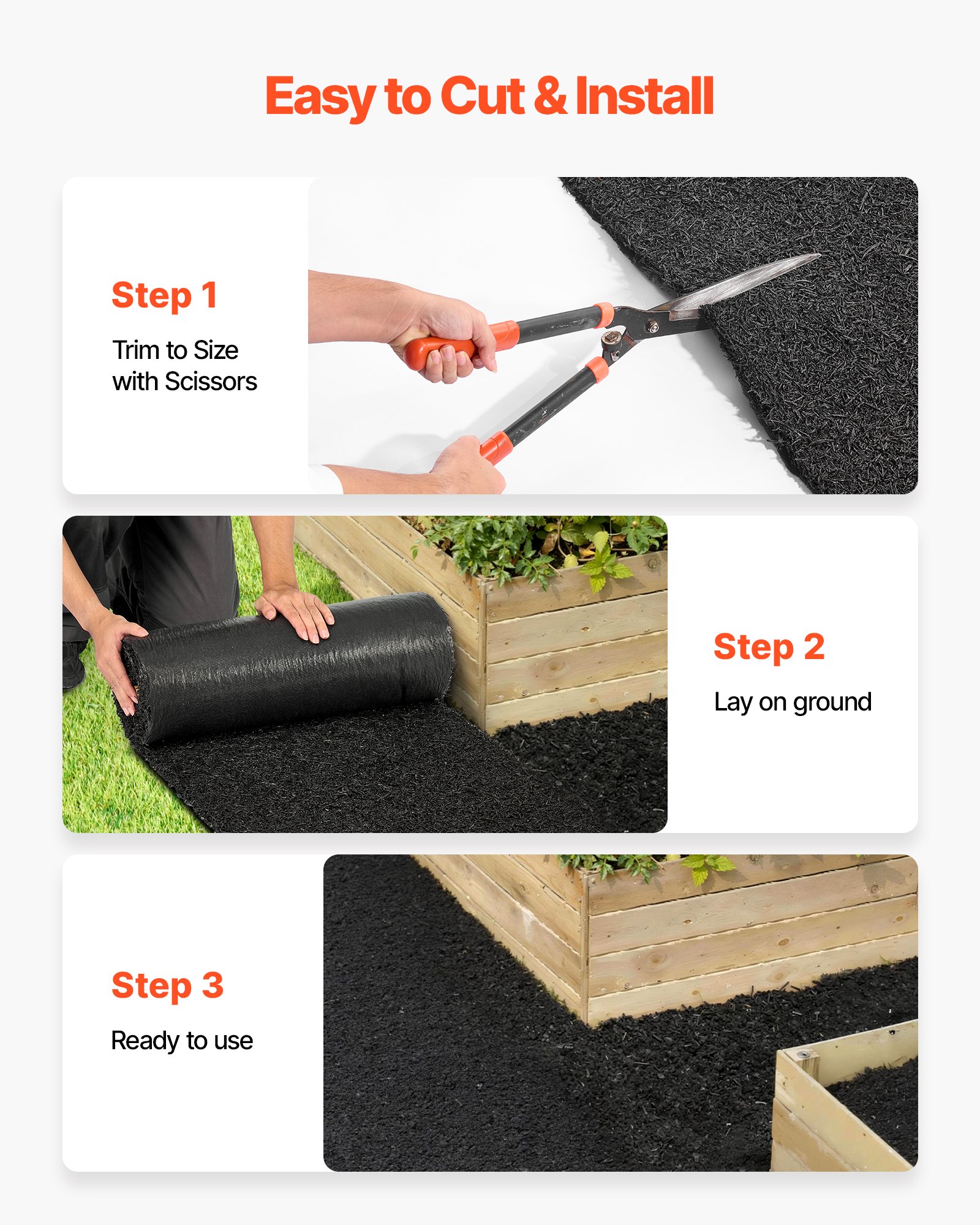 VEVOR Mantillo de Goma para Paisajismo 244 x 61 cm, Tapete de Caucho Reciclado Cortable, Paquete de 2 Rollos, Tela Antihierbas Reducción de Malezas, Borde Permanente, para Jardín Huerto, Color Negro