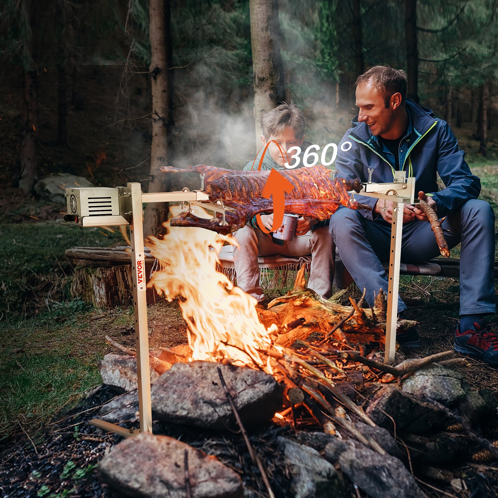 VEVOR Asador Eléctrico de 117cm Asador de Cerdo Capacidad de 60kg Asador Giratorio Motor Automático de 52W Soporte Universal Ajustable en Altura Asador Barbacoa de Acero Inoxidable para Cordero Cerdo