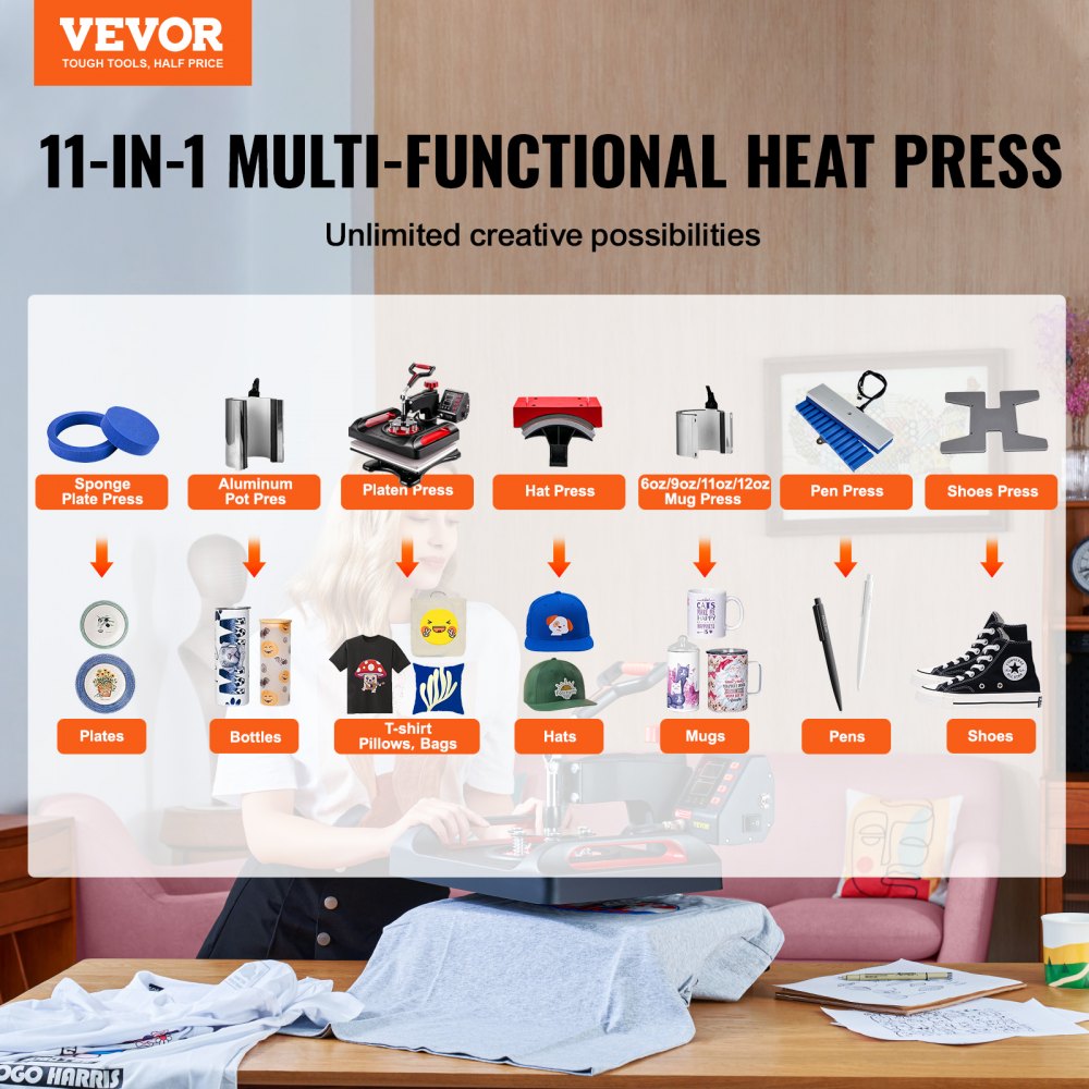 VEVOR Máquina de Prensa de Calor, Transferencia de Calor, Prensa de Calor Multifunción de Cubierta de 38x30 cm, 11 en 1 Prensa de Calor  Digital de doble tubo para DIY Camisetas, Sombreros, Tazas