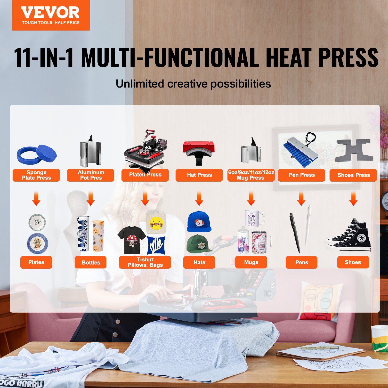 VEVOR Máquina de Prensa de Calor, Transferencia de Calor, Prensa de Calor Multifunción de Cubierta de 38x30 cm, 11 en 1 Prensa de Calor  Digital de doble tubo para DIY Camisetas, Sombreros, Tazas