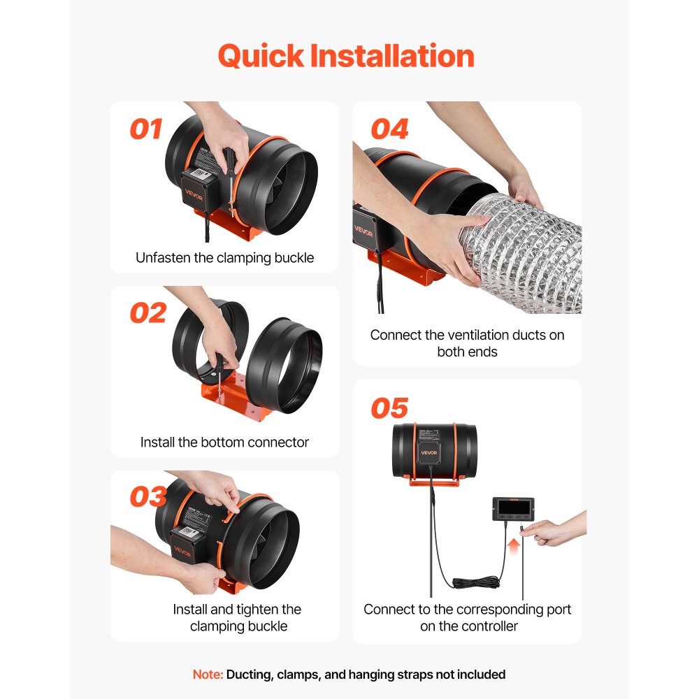 VEVOR Ventilador de Conducto en Línea 3200 RPM, Extractor de Ruido Reducido con Motor EC, 1372 m³/h, 10 Velocidades, Controlador PWM y App, Sensor de Temperatura y Humedad, para Armarios de Cultivo