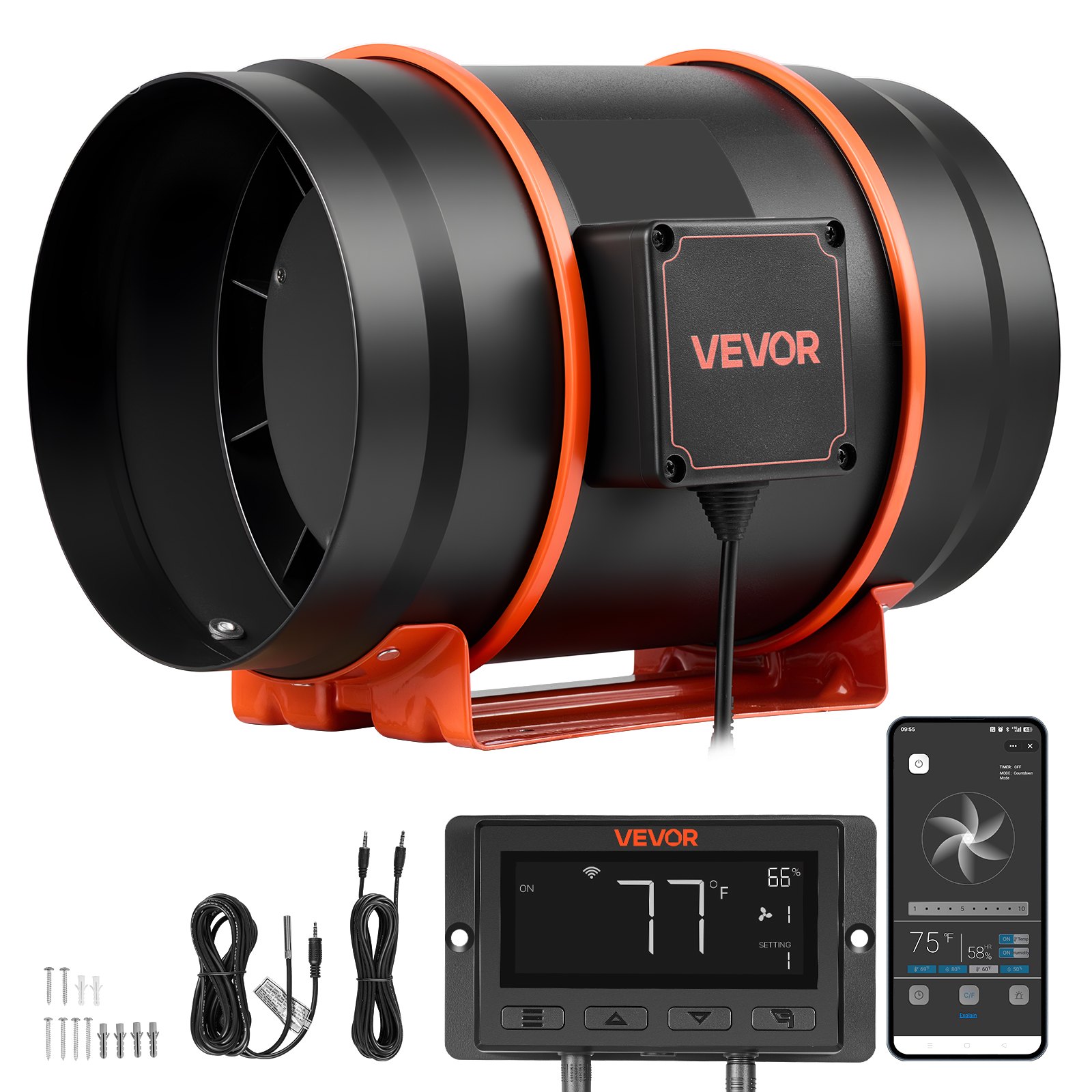 VEVOR Ventilador de Conducto en Línea 3200 RPM, Extractor de Ruido Reducido con Motor EC, 1372 m³/h, 10 Velocidades, Controlador PWM y App, Sensor de Temperatura y Humedad, para Armarios de Cultivo