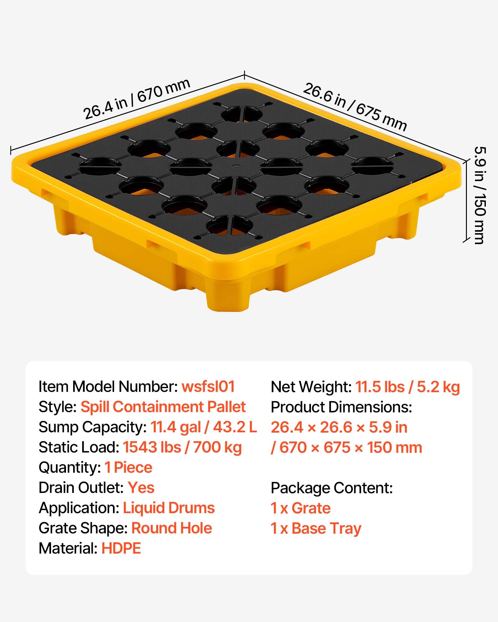 VEVOR Palet de Contención de Derrames para 1 Bidón, Capacidad de 700 kg, Depósito de 43,2 L, Bandeja Antiderrames de HDPE con Drenaje, Modular y Apilable, Uso Industrial y Almacenamiento de Líquidos