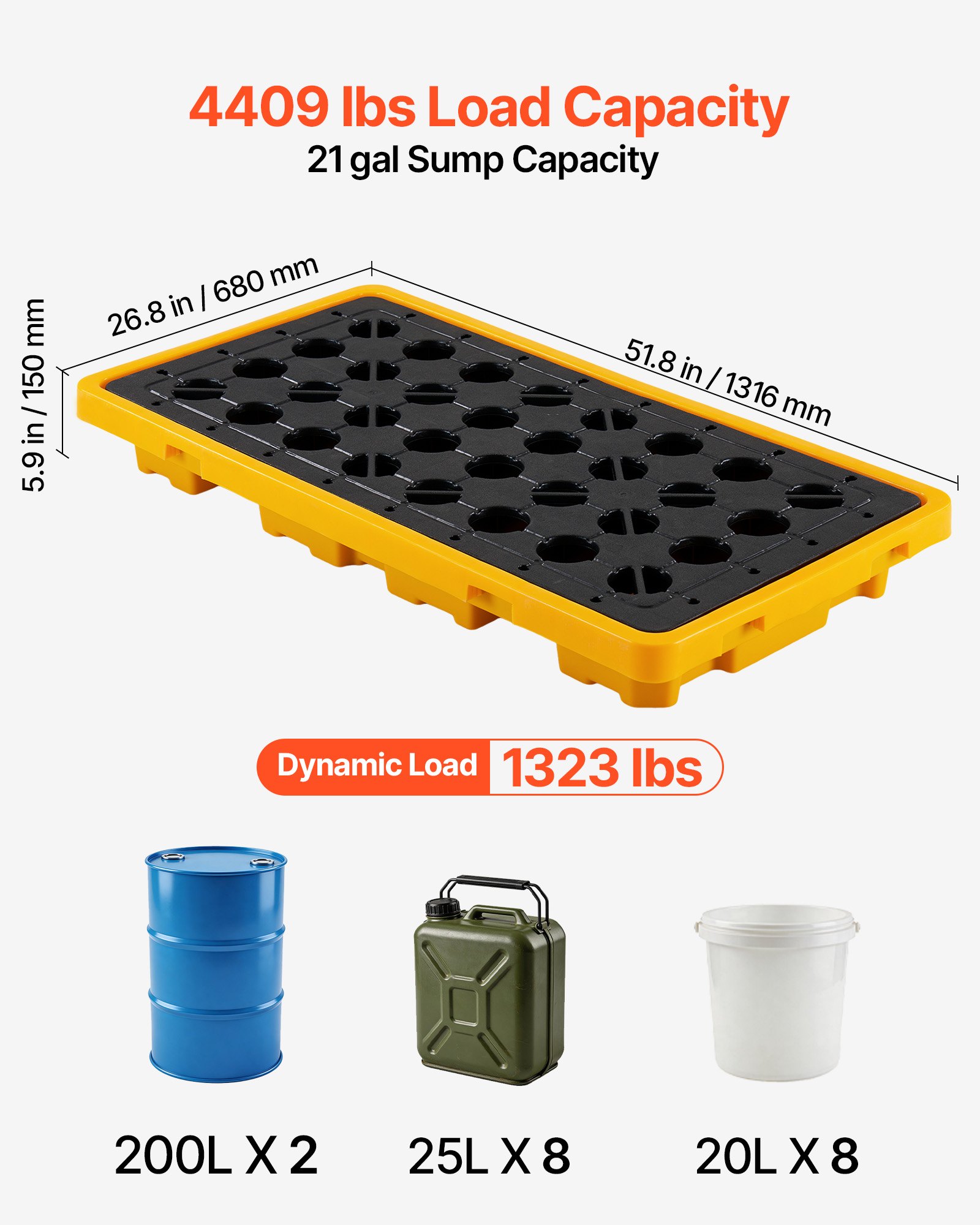 VEVOR Palet de Contención de Derrames para 2 Bidones, Capacidad de Carga 2000 kg, de Depósito de 79,5 L, Bandeja Antiderrames de HDPE con Drenaje, Apilable, Uso Industrial y Almacenamiento de Líquidos
