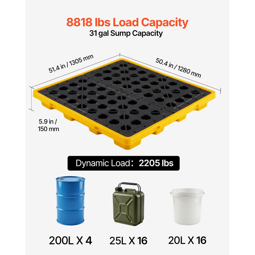 VEVOR Palet de Contención de Derrames para 4 Bidones, Capacidad de 4000 kg, Depósito de 117,4 L, Bandeja Antiderrames de HDPE con Drenaje, Apilable, Modular para Almacenamiento de Líquidos, Industrial
