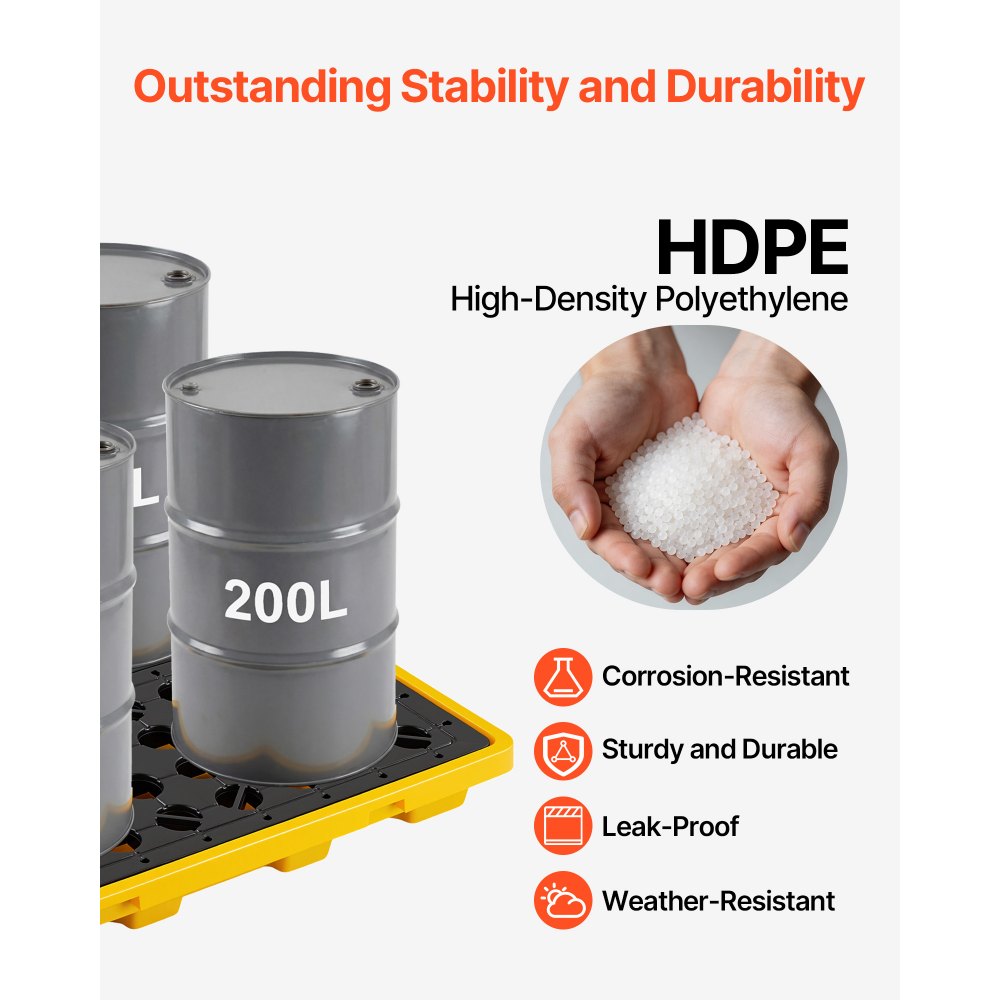 VEVOR Palet de Contención de Derrames para 4 Bidones, Capacidad de 4000 kg, Depósito de 117,4 L, Bandeja Antiderrames de HDPE con Drenaje, Apilable, Modular para Almacenamiento de Líquidos, Industrial