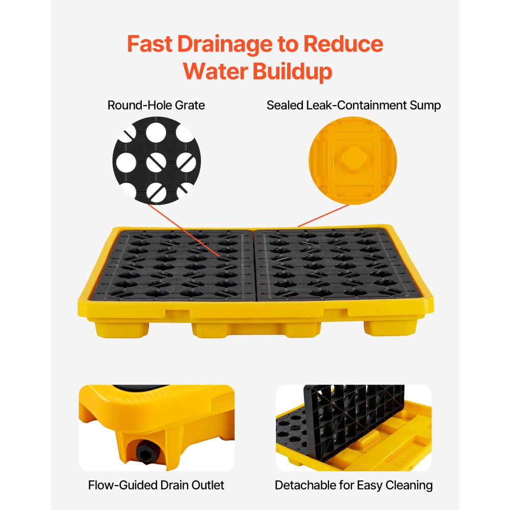 VEVOR Palet de Contención de Derrames para 4 Bidones, Capacidad de 4000 kg, Depósito de 117,4 L, Bandeja Antiderrames de HDPE con Drenaje, Apilable, Modular para Almacenamiento de Líquidos, Industrial
