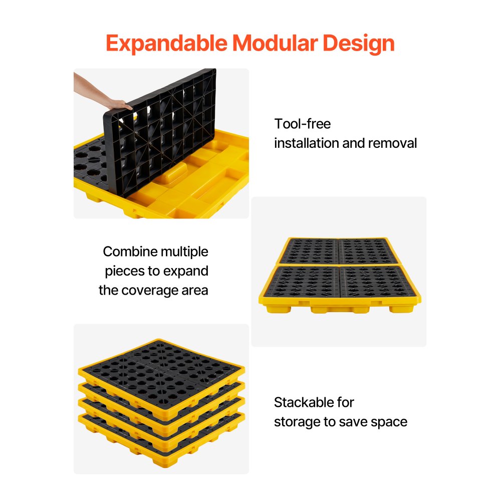 VEVOR Palet de Contención de Derrames para 4 Bidones, Capacidad de 4000 kg, Depósito de 117,4 L, Bandeja Antiderrames de HDPE con Drenaje, Apilable, Modular para Almacenamiento de Líquidos, Industrial