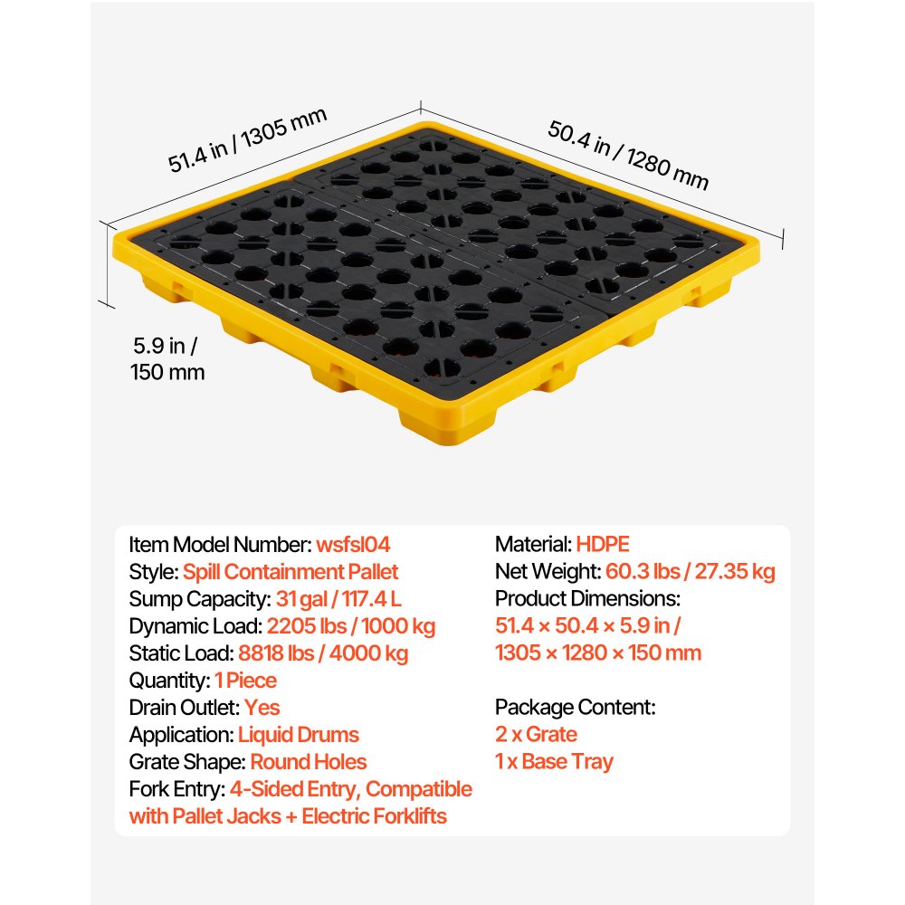 VEVOR Palet de Contención de Derrames para 4 Bidones, Capacidad de 4000 kg, Depósito de 117,4 L, Bandeja Antiderrames de HDPE con Drenaje, Apilable, Modular para Almacenamiento de Líquidos, Industrial