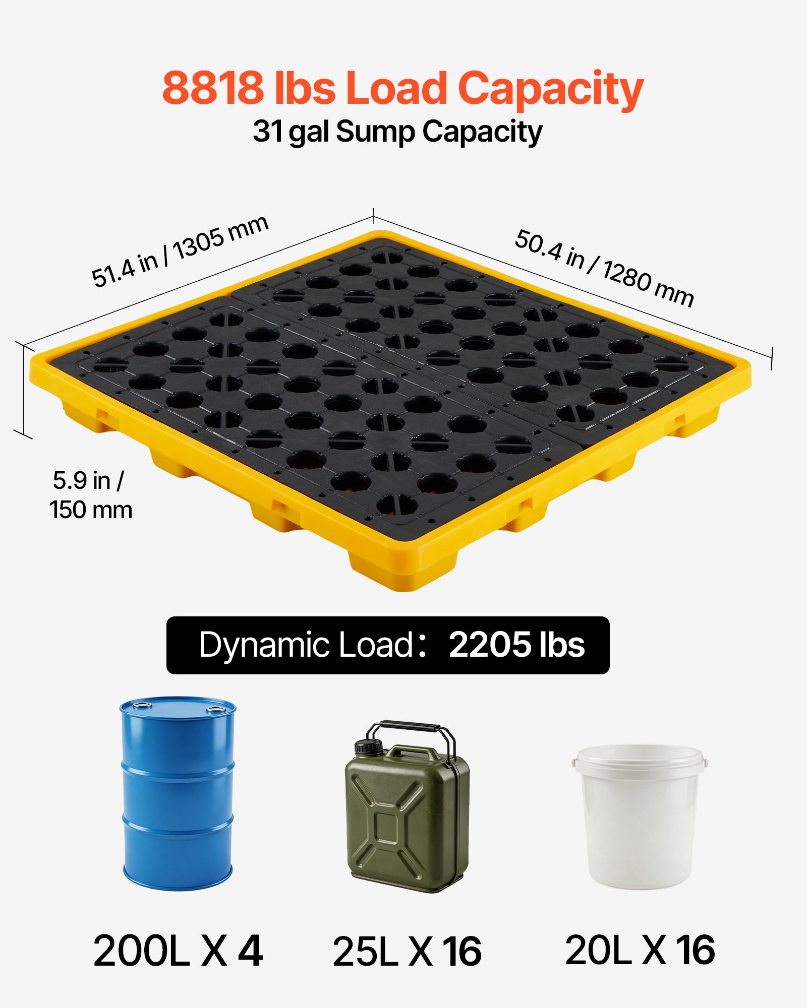 VEVOR Palet de Contención de Derrames para 4 Bidones, Capacidad de 4000 kg, Depósito de 117,4 L, Bandeja Antiderrames de HDPE con Drenaje, Apilable, Modular para Almacenamiento de Líquidos, Industrial