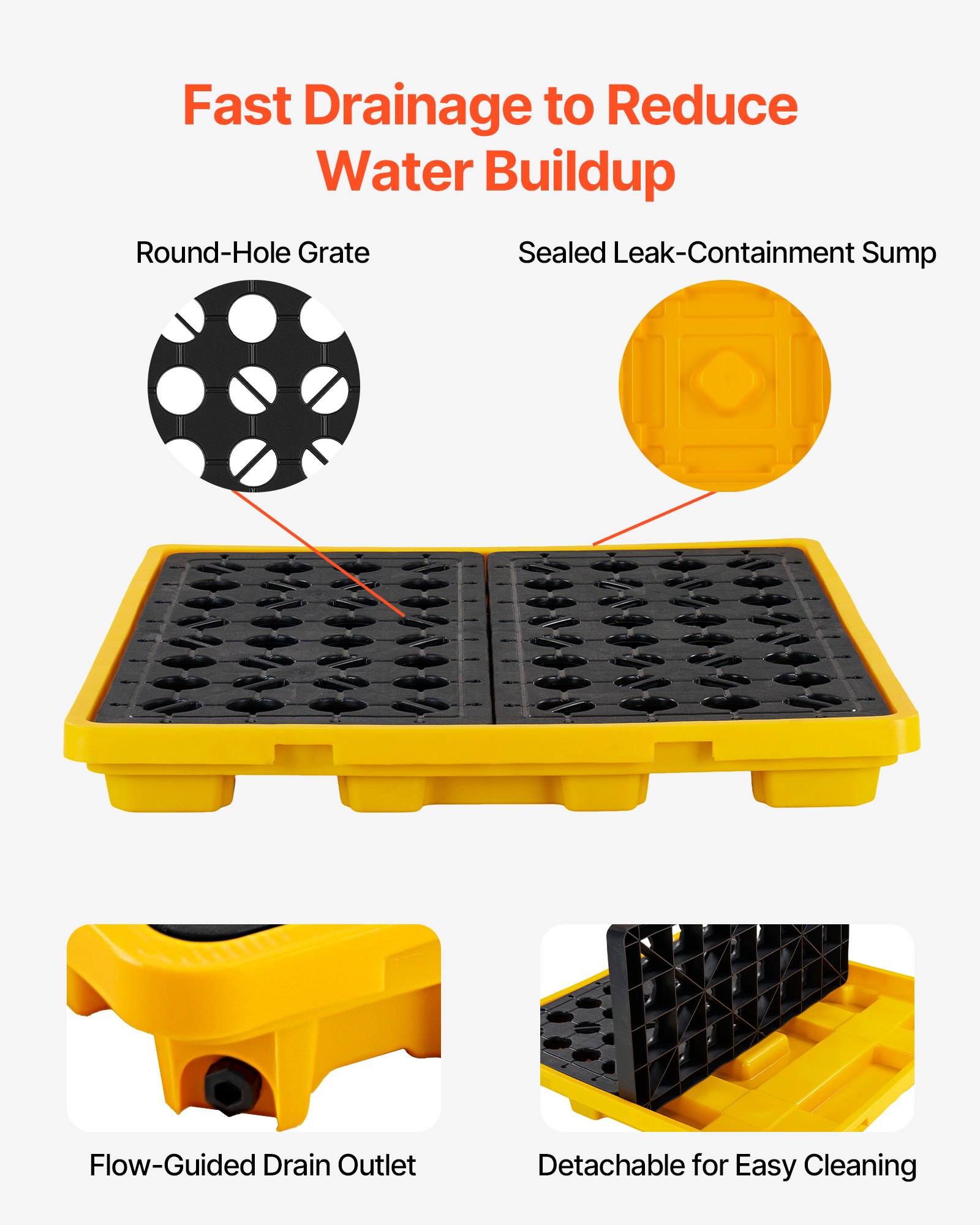 VEVOR Palet de Contención de Derrames para 4 Bidones, Capacidad de 4000 kg, Depósito de 117,4 L, Bandeja Antiderrames de HDPE con Drenaje, Apilable, Modular para Almacenamiento de Líquidos, Industrial