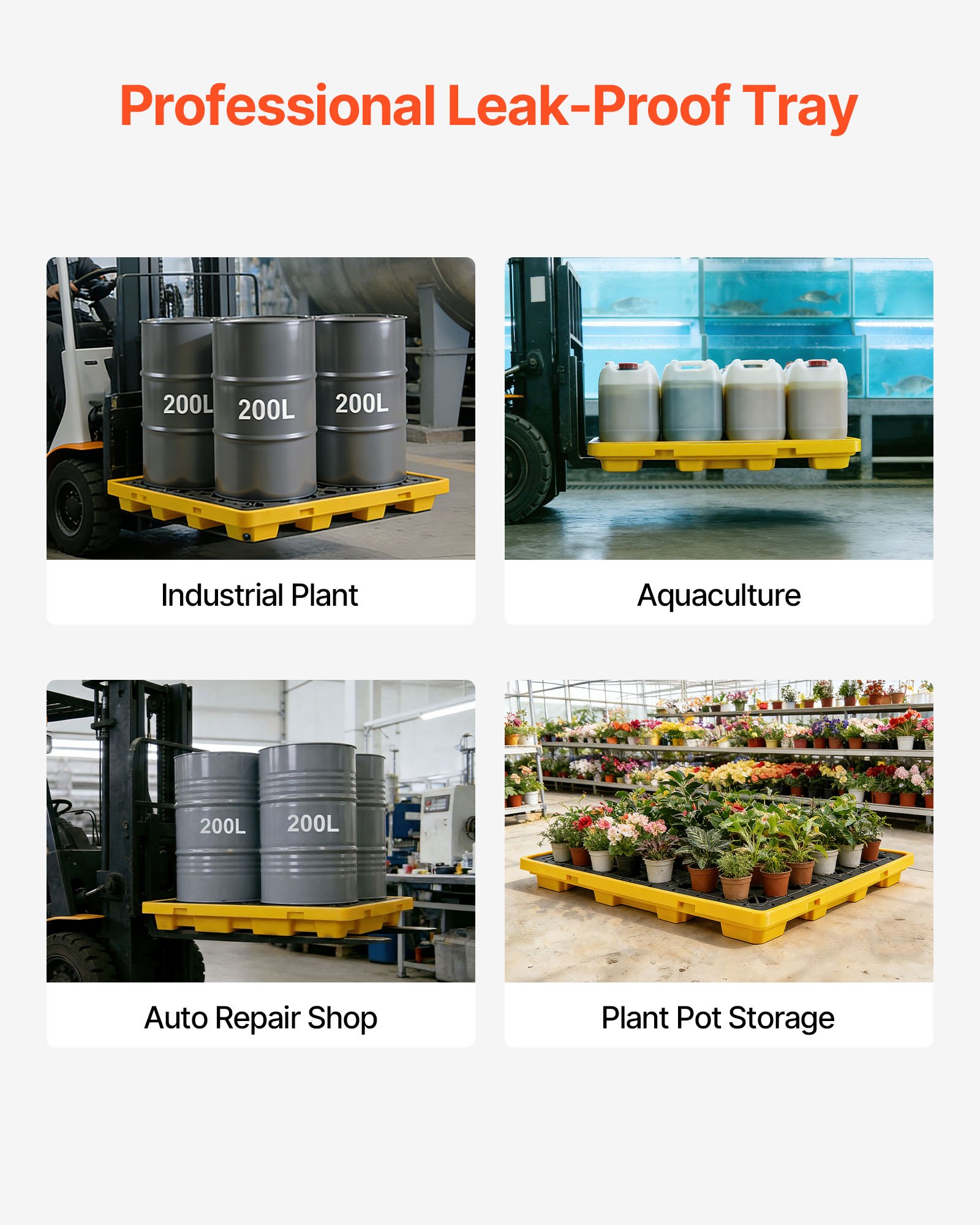 VEVOR Palet de Contención de Derrames para 4 Bidones, Capacidad de 4000 kg, Depósito de 117,4 L, Bandeja Antiderrames de HDPE con Drenaje, Apilable, Modular para Almacenamiento de Líquidos, Industrial