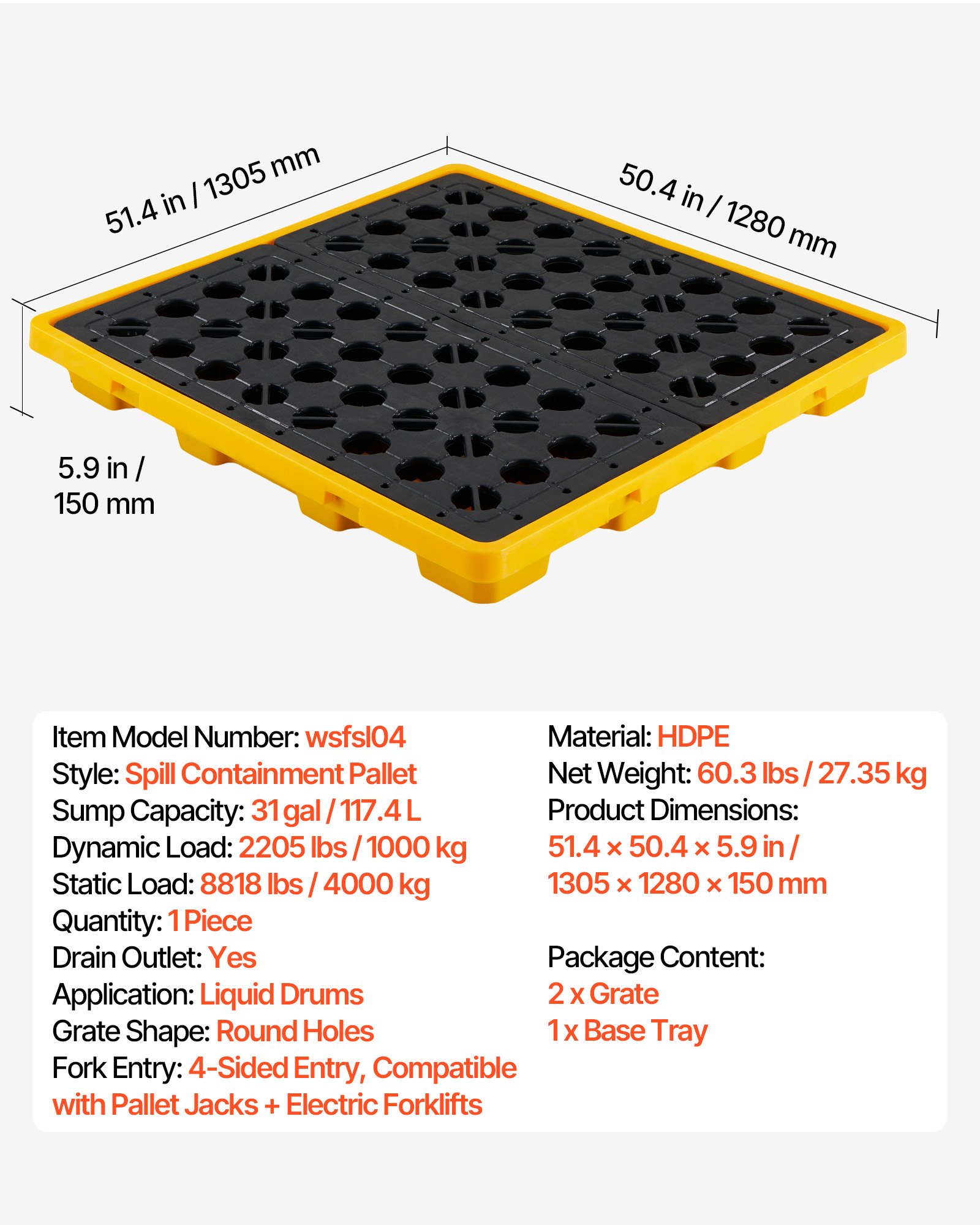 VEVOR Palet de Contención de Derrames para 4 Bidones, Capacidad de 4000 kg, Depósito de 117,4 L, Bandeja Antiderrames de HDPE con Drenaje, Apilable, Modular para Almacenamiento de Líquidos, Industrial