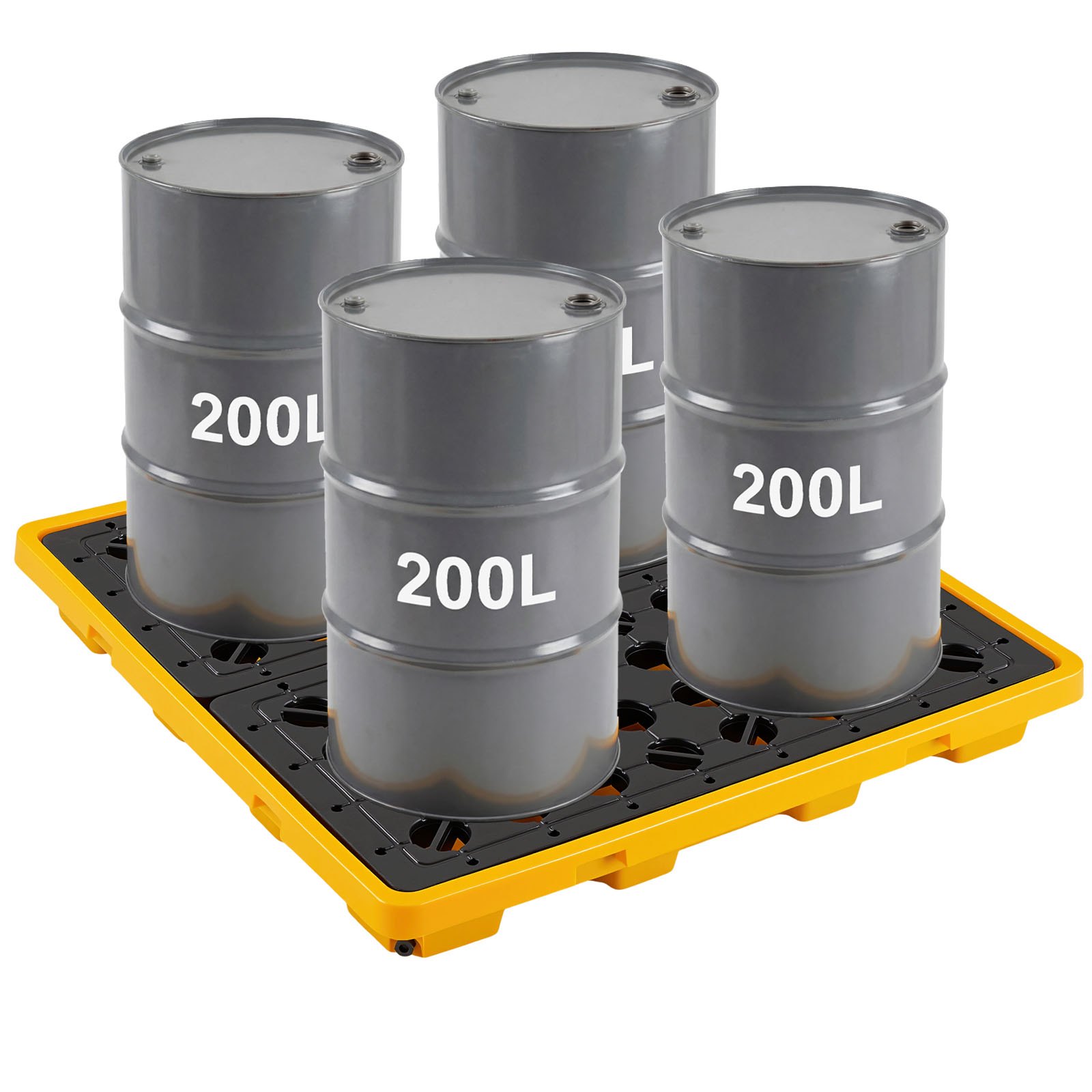 VEVOR Palet de Contención de Derrames para 4 Bidones, Capacidad de 4000 kg, Depósito de 117,4 L, Bandeja Antiderrames de HDPE con Drenaje, Apilable, Modular para Almacenamiento de Líquidos, Industrial