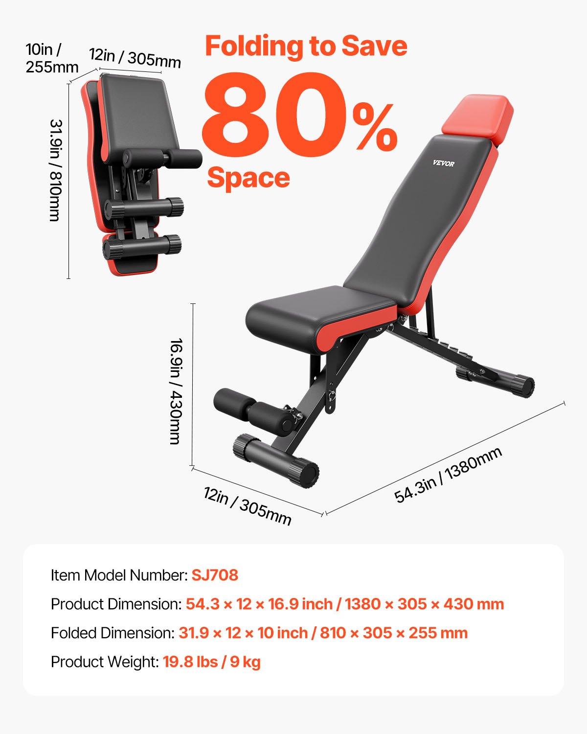 VEVOR Adjustable Weight Bench for Full Body Workout (300 kg Load Capacity), Sit-up Training Bench, Fitness Bench, Flat Bench with Extended Head/Neck Protection and Quick Folding Mechanism
