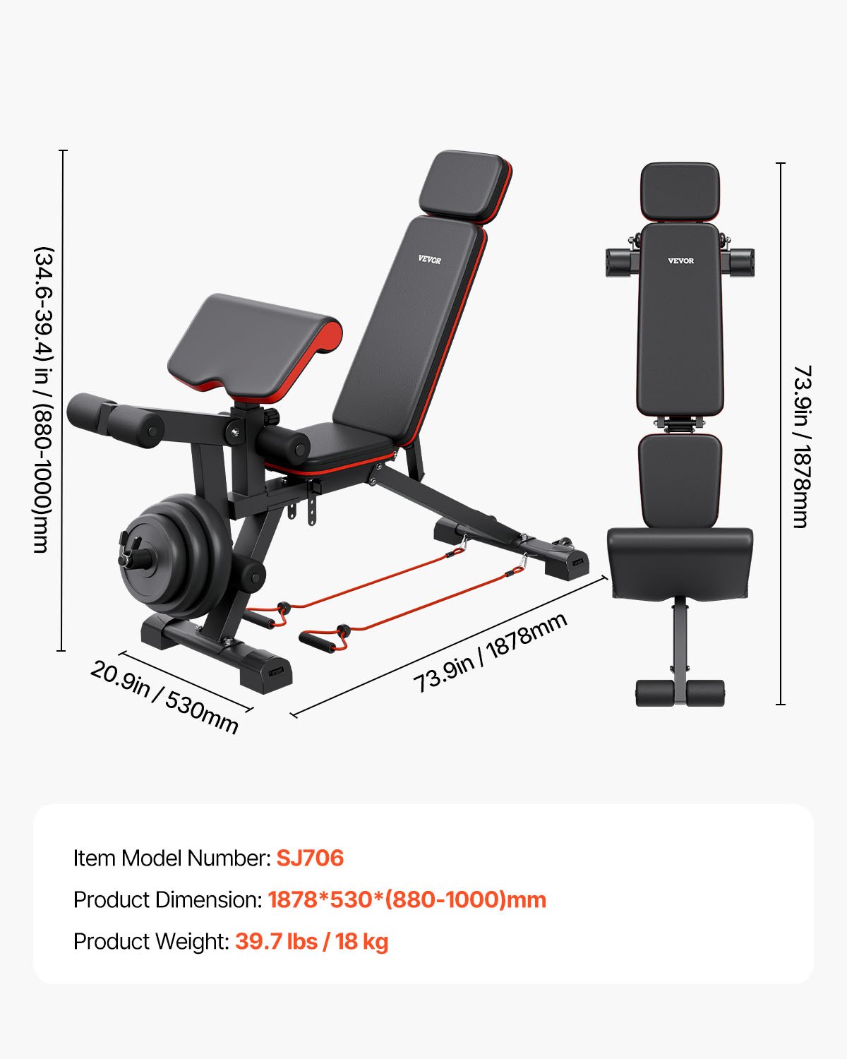 VEVOR Banco de Pesas Ajustables de 363 kg para Entrenamiento de Cuerpo Completo en el Gimnasio en Casa, Banco Plano con Extensión de Piernas, Ajuste Rápido, 1878 x 530 x (880-1000) mm, Negro