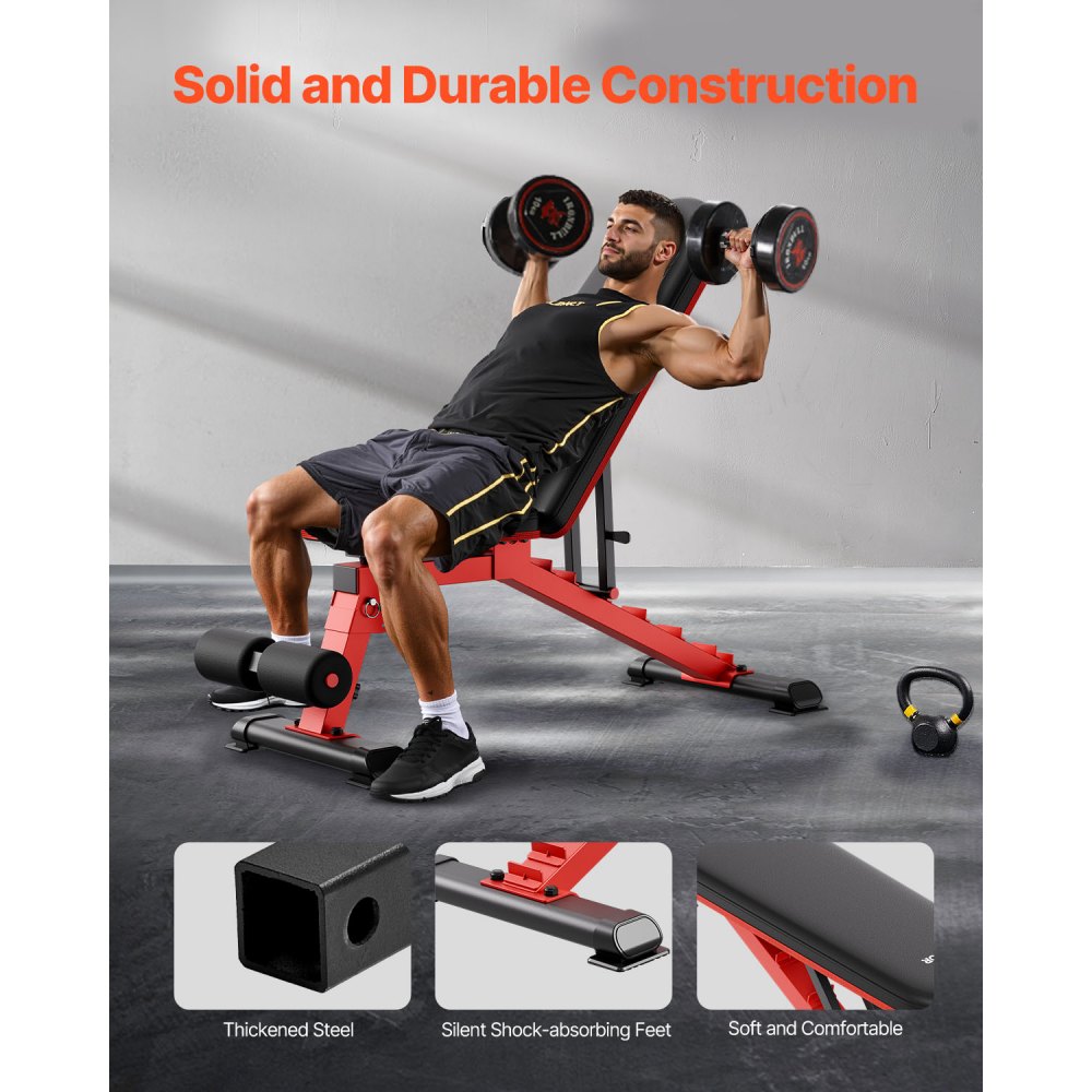 VEVOR Banco de Pesas Estable de Alta Resistencia de 544 kg para Entrenamiento de Cuerpo Completo, Ajustable, para Entrenamiento de Fuerza en el Gimnasio en Casa, 1465 x 530 x 450 mm, Negro y Rojo