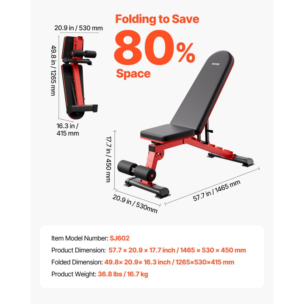 VEVOR Banco de Pesas Estable de Alta Resistencia de 544 kg para Entrenamiento de Cuerpo Completo, Ajustable, para Entrenamiento de Fuerza en el Gimnasio en Casa, 1465 x 530 x 450 mm, Negro y Rojo