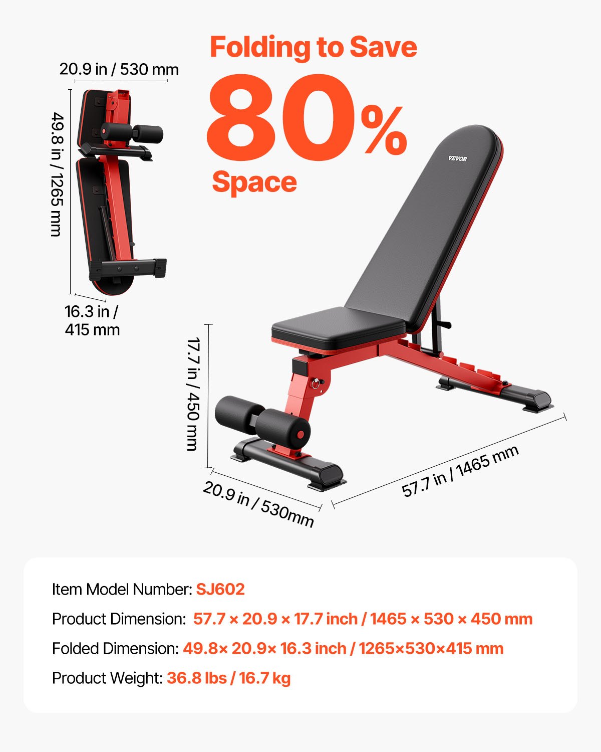 VEVOR Banco de Pesas Estable de Alta Resistencia de 544 kg para Entrenamiento de Cuerpo Completo, Ajustable, para Entrenamiento de Fuerza en el Gimnasio en Casa, 1465 x 530 x 450 mm, Negro y Rojo