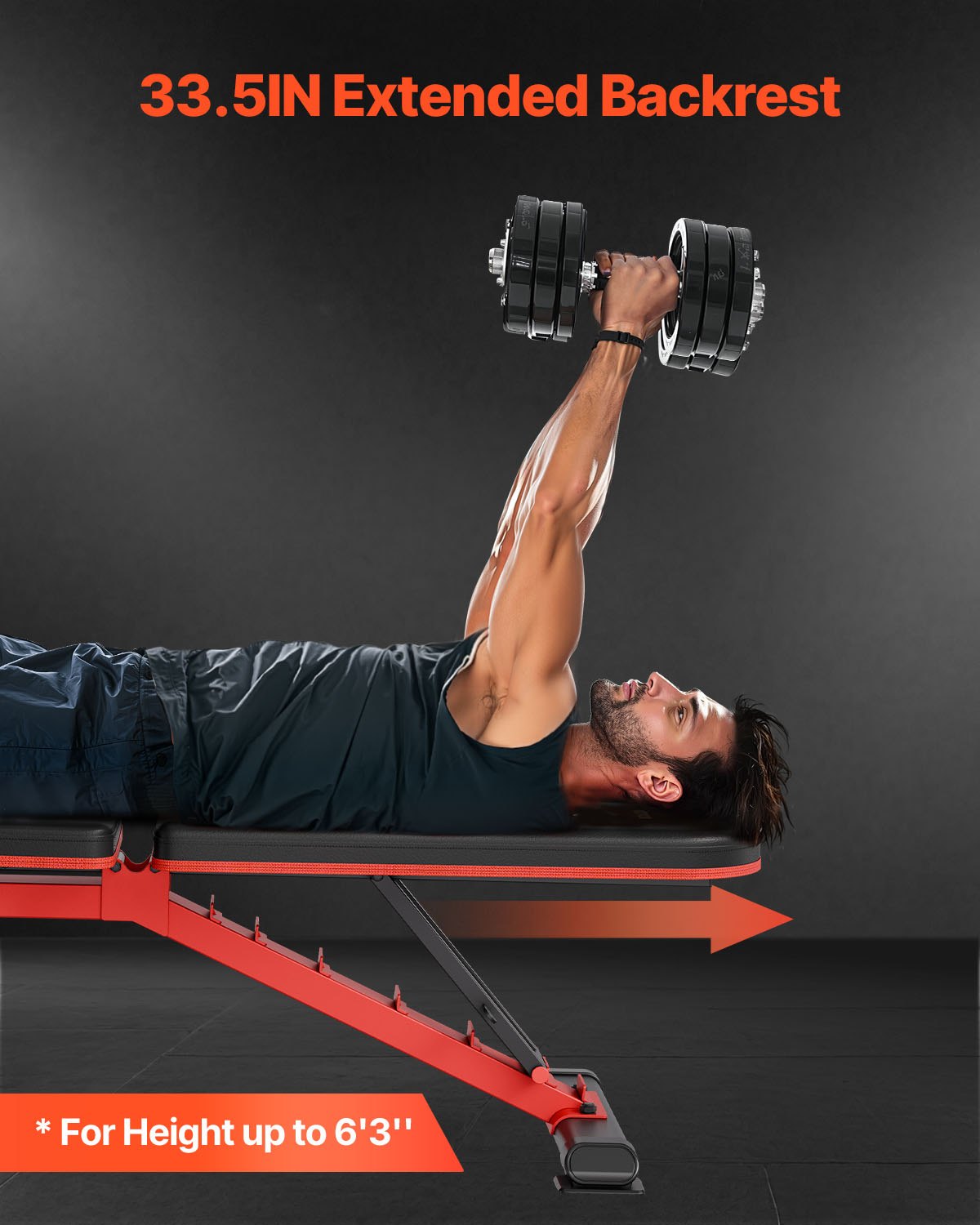 VEVOR Banco de Pesas Estable de Alta Resistencia de 544 kg para Entrenamiento de Cuerpo Completo, Ajustable, para Entrenamiento de Fuerza en el Gimnasio en Casa, 1465 x 530 x 450 mm, Negro y Rojo