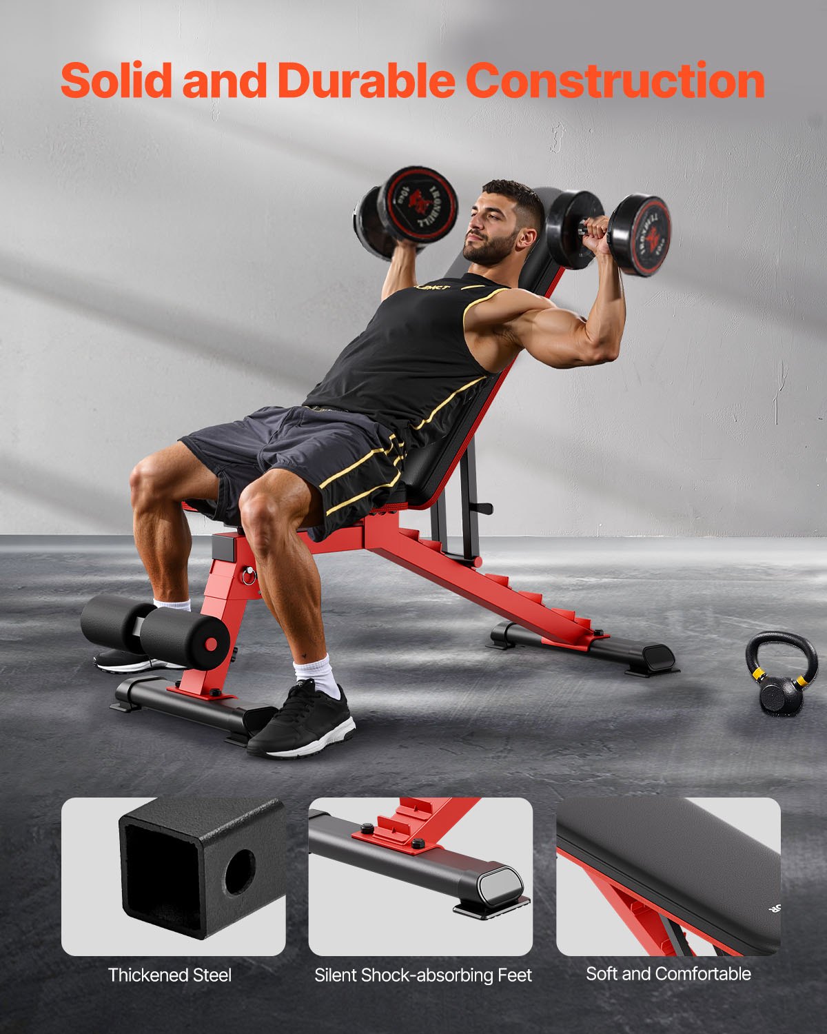 VEVOR Banco de Pesas Estable de Alta Resistencia de 544 kg para Entrenamiento de Cuerpo Completo, Ajustable, para Entrenamiento de Fuerza en el Gimnasio en Casa, 1465 x 530 x 450 mm, Negro y Rojo