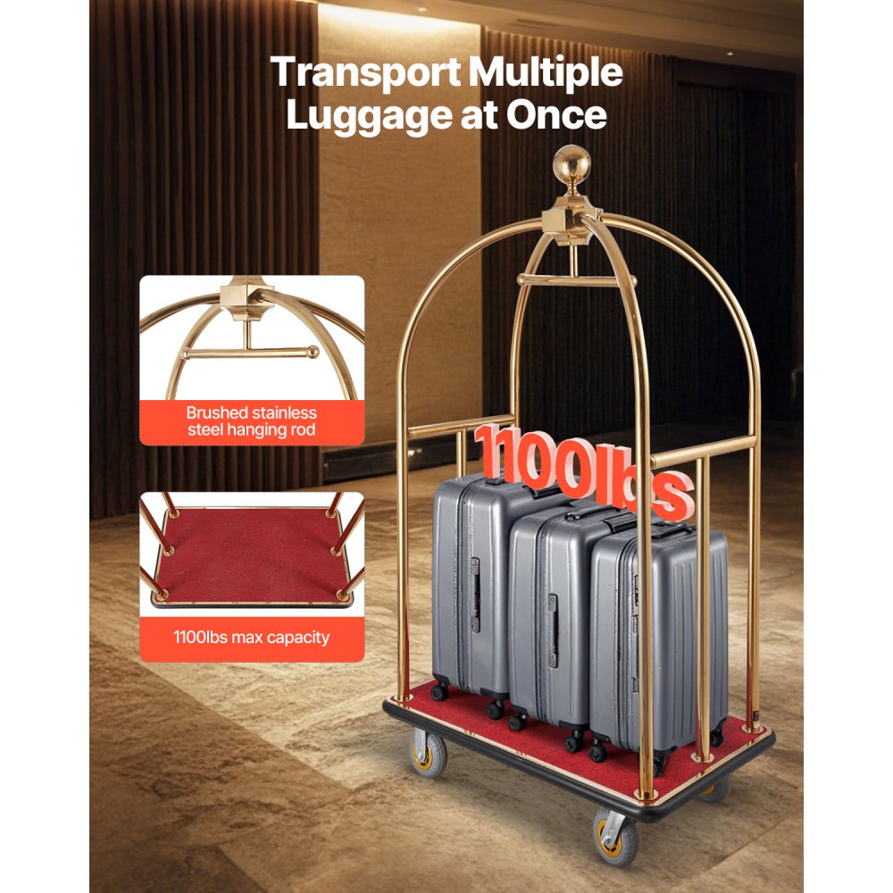VEVOR Carro de Equipaje para Hotel, Carga de 500 kg, Carrito de Botones con Montantes Curvos, Plataforma Alfombrada Roja y Ruedas de Goma para Hoteles, Condominios y Complejos Turísticos, Dorado
