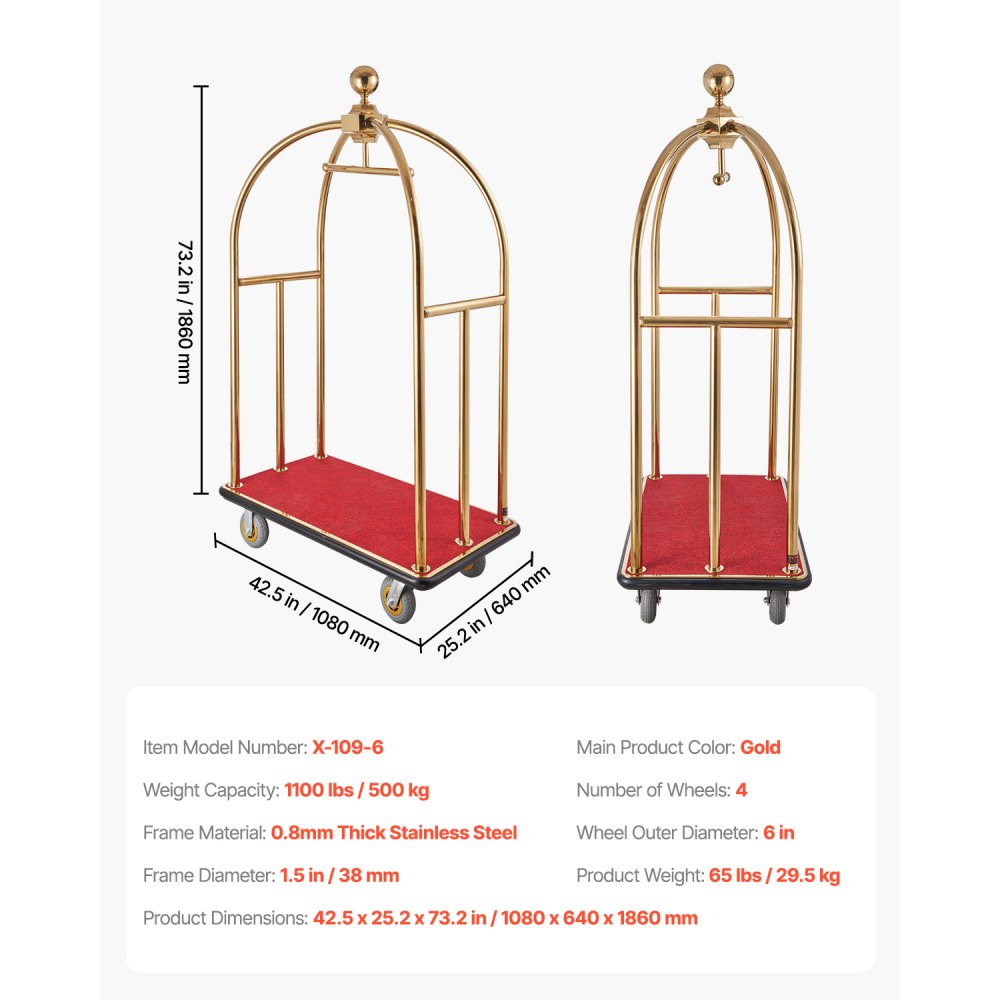 VEVOR Carro de Equipaje para Hotel, Carga de 500 kg, Carrito de Botones con Montantes Curvos, Plataforma Alfombrada Roja y Ruedas de Goma para Hoteles, Condominios y Complejos Turísticos, Dorado