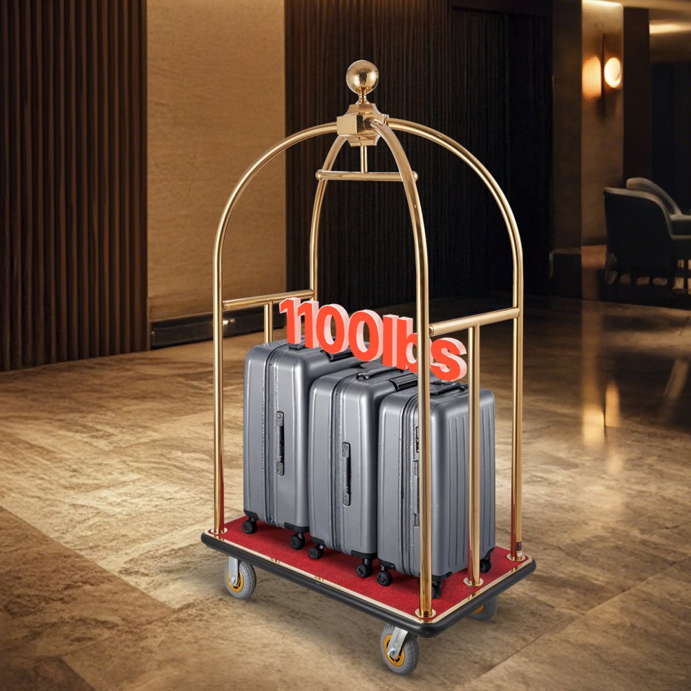VEVOR Carro de Equipaje para Hotel, Carga de 500 kg, Carrito de Botones con Montantes Curvos, Plataforma Alfombrada Roja y Ruedas de Goma para Hoteles, Condominios y Complejos Turísticos, Dorado