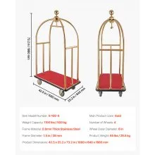 VEVOR Carro de Equipaje para Hotel con Montantes Curvos, Carga de 500 kg, Dorado