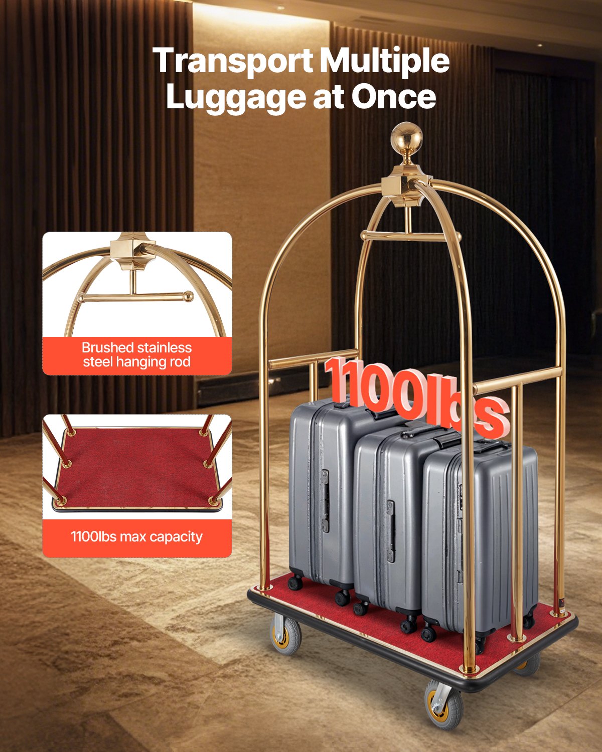 VEVOR Carro de Equipaje para Hotel, Carga de 500 kg, Carrito de Botones con Montantes Curvos, Plataforma Alfombrada Roja y Ruedas de Goma para Hoteles, Condominios y Complejos Turísticos, Dorado