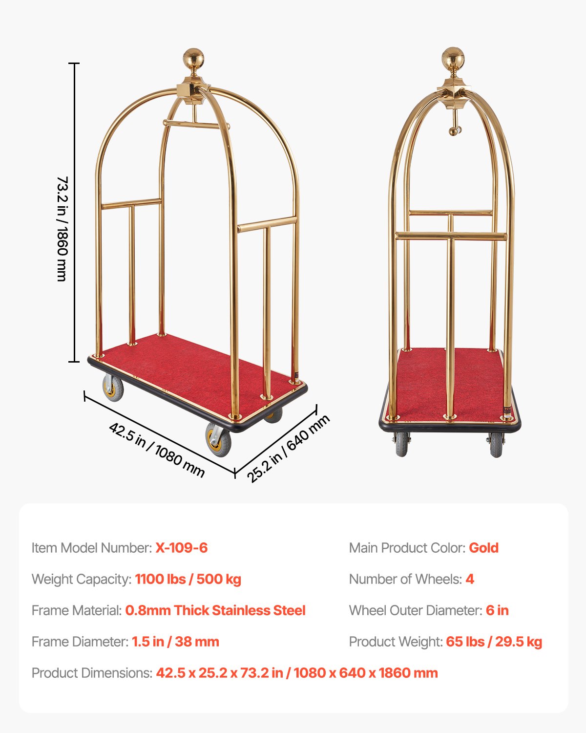 VEVOR Carro de Equipaje para Hotel, Carga de 500 kg, Carrito de Botones con Montantes Curvos, Plataforma Alfombrada Roja y Ruedas de Goma para Hoteles, Condominios y Complejos Turísticos, Dorado