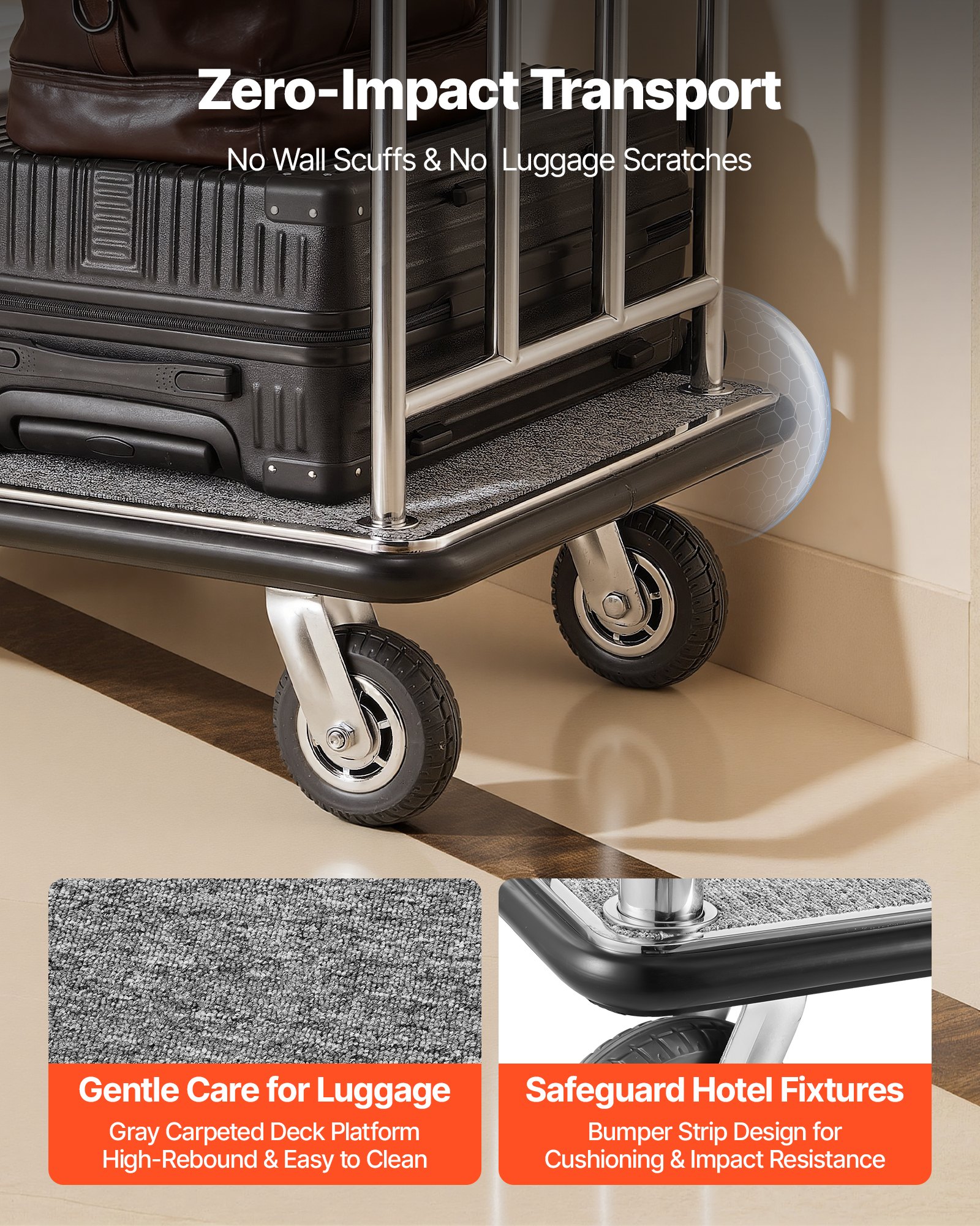 VEVOR Carro de Equipaje para Hotel, Acabado en Acero Inoxidable Cepillado, Carga de 362 kg, Carrito de Botones con Plataforma Alfombrada Gris y Ruedas de Goma, para Hoteles, Condominios, Plateado
