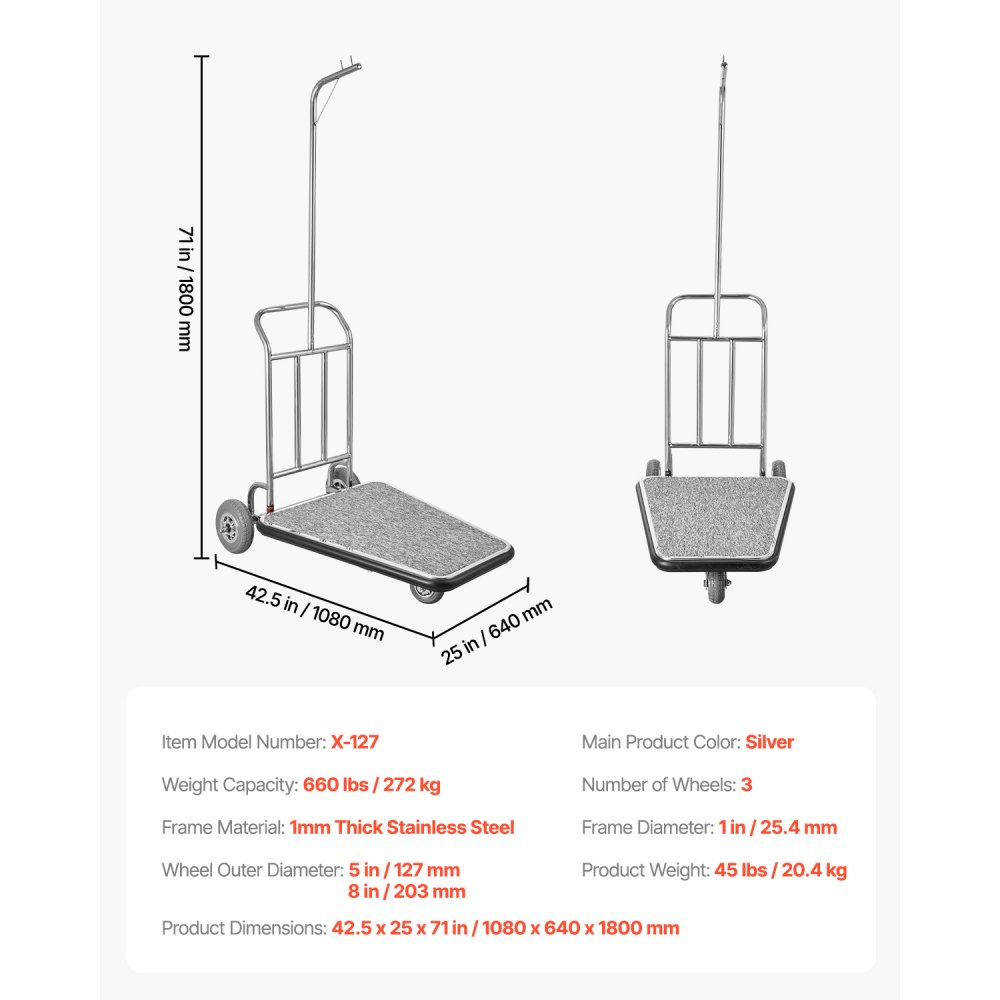 VEVOR Carro de Equipaje, Carga de 272 kg, Carro de Botones de 3 Ruedas de Acero Inoxidable con Plataforma Alfombrada Gris y Ruedas de Goma, Ideal para Centros de Convenciones, Hoteles, Plateado