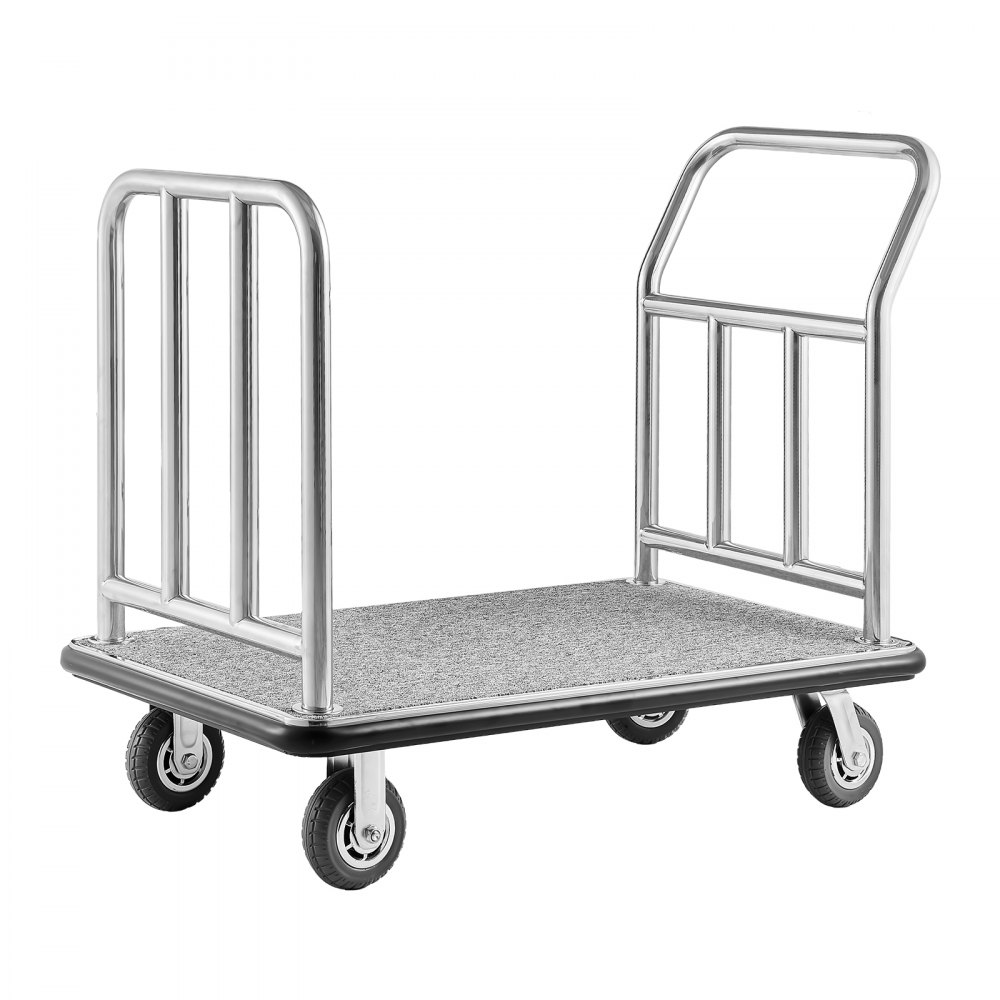 VEVOR Carro de Equipaje para Hotel, Carga de 340 kg, Carrito de Equipaje con Marco Frontal Extraíble, Plataforma Alfombrada Gris y Ruedas de Goma, para Hoteles y Complejos Turísticos, Plateado