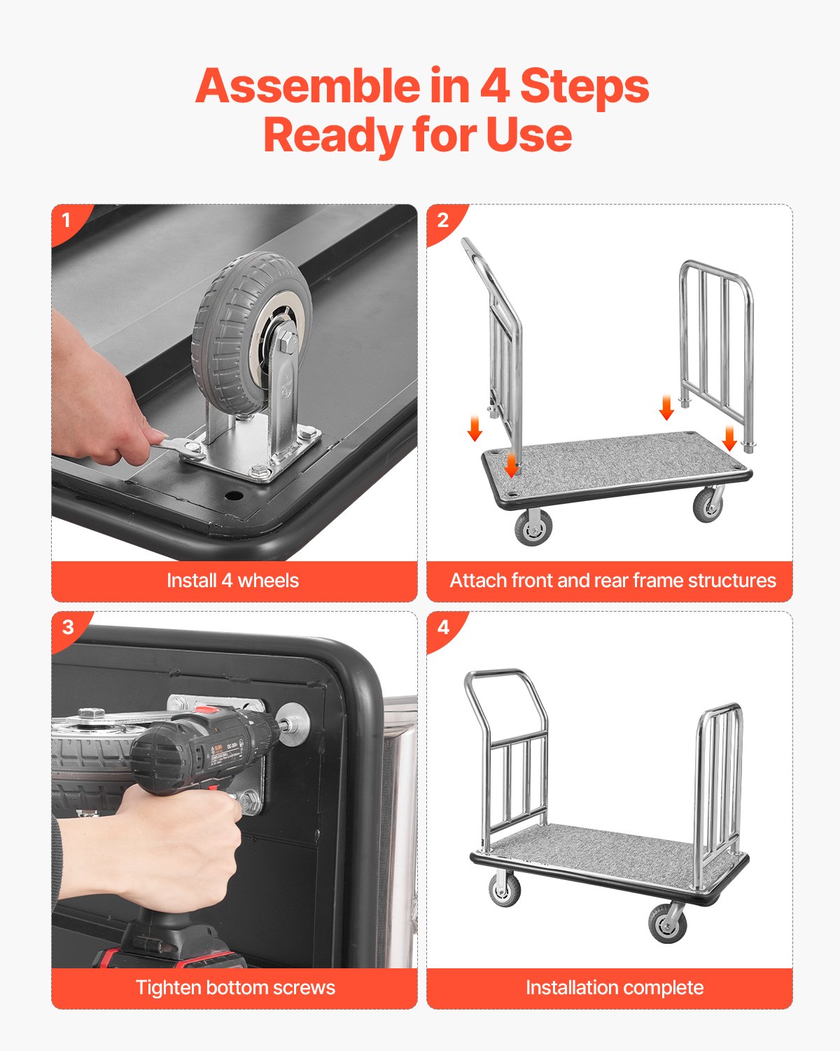 VEVOR Carro de Equipaje para Hotel, Carga de 340 kg, Carrito de Equipaje con Marco Frontal Extraíble, Plataforma Alfombrada Gris y Ruedas de Goma, para Hoteles y Complejos Turísticos, Plateado