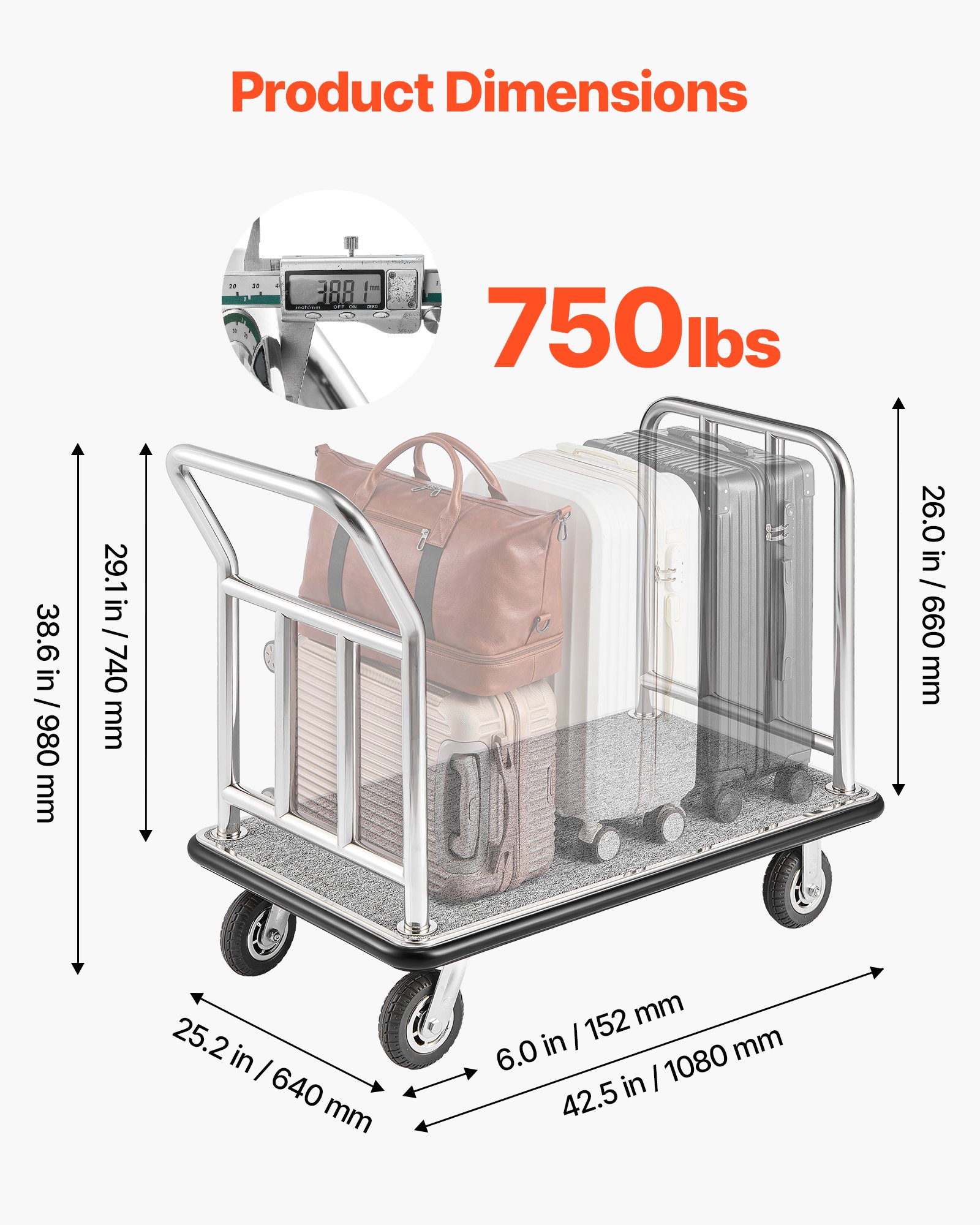 VEVOR Carro de Equipaje para Hotel, Carga de 340 kg, Carrito de Equipaje con Marco Frontal Extraíble, Plataforma Alfombrada Gris y Ruedas de Goma, para Hoteles y Complejos Turísticos, Plateado