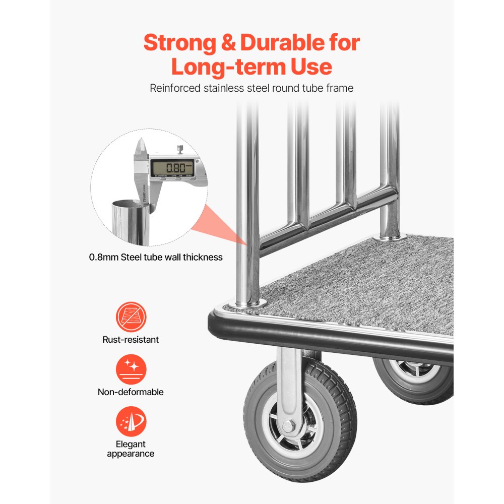 VEVOR Carro de Equipaje para Hotel, Acabado en Acero Inoxidable Cepillado, Carga de 544 kg, Carrito de Botones con Plataforma Alfombrada Gris y Ruedas de Goma, para Hoteles, Condominios, Plateado