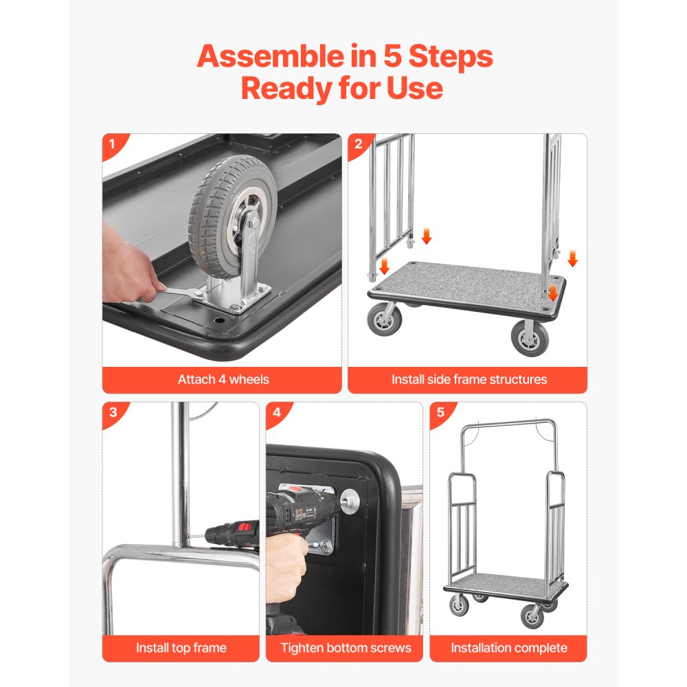 VEVOR Hotel Luggage Trolley, 544 kg Load Capacity, Hotel Trolley, Bellhop Trolley, Suitcase Trolley, Valet Parking Trolley with Gray Carpet and 20 cm Rubber Wheels, Ideal for Hotels, Condominiums, Resorts, Silver