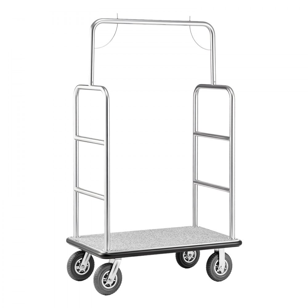 VEVOR Carro de Equipaje para Hotel, Acabado en Acero Inoxidable Cepillado, Carga de 544 kg, Carrito de Botones con Plataforma Alfombrada Gris y Ruedas de Goma, para Hoteles, Condominios, Plateado