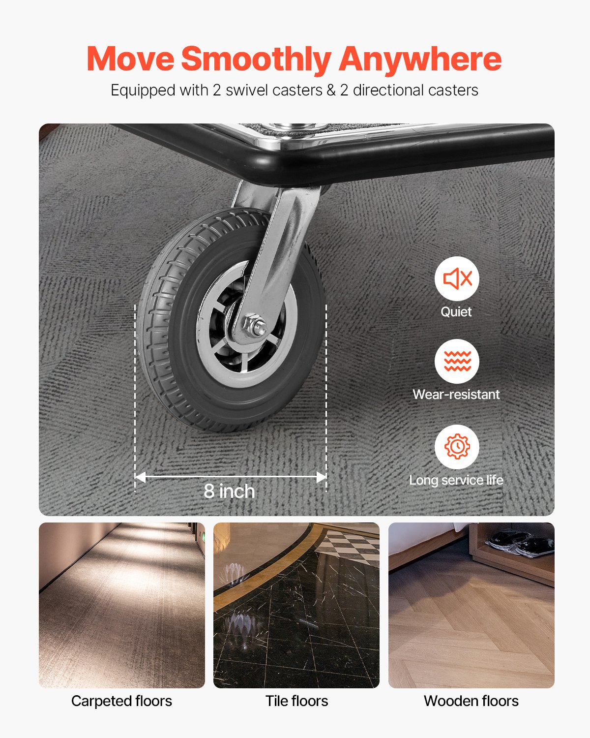 VEVOR Hotel Luggage Trolley, 544 kg Load Capacity, Hotel Trolley, Bellhop Trolley, Suitcase Trolley, Valet Parking Trolley with Gray Carpet and 20 cm Rubber Wheels, Ideal for Hotels, Condominiums, Resorts, Silver